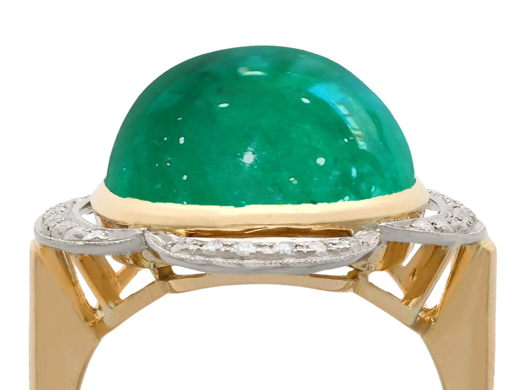 Retro Vintage 1940s 14.5ct Cabochon Cut Emerald and Diamond Yellow Gold Cocktail Ring For Sale