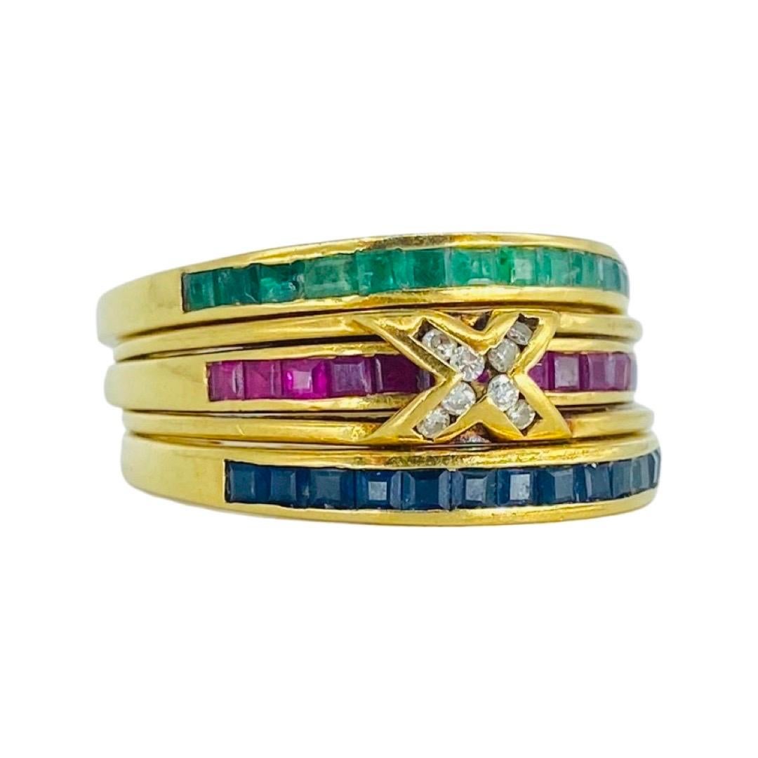 Square Cut Vintage 1.45 Carat Emeralds, Sapphires, Rubys and Diamonds Stackable Rings 18k For Sale