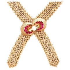 Collar vintage de oro amarillo de 10 quilates con rubíes y perlas de 1,45 quilates 1961
