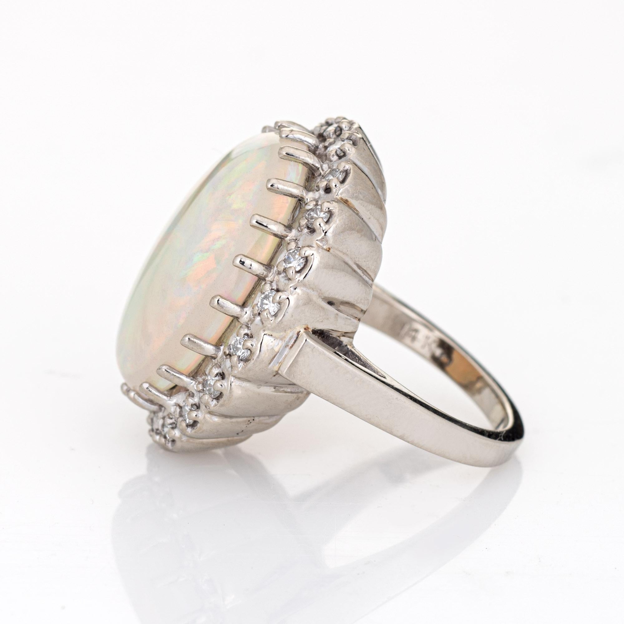 Modern Vintage 14.50ct Natural Opal Diamond Ring 14k White Gold Large Oval Cocktail 5 For Sale