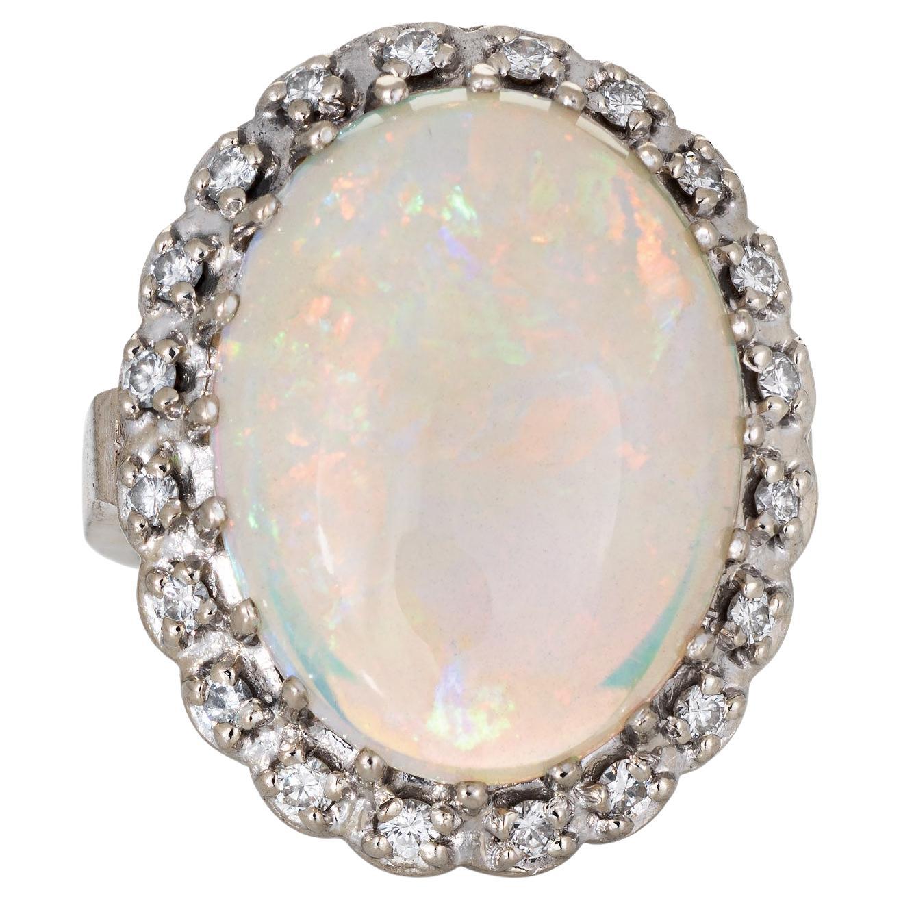 Vintage 14.50ct Natural Opal Diamond Ring 14k White Gold Large Oval Cocktail 5 For Sale
