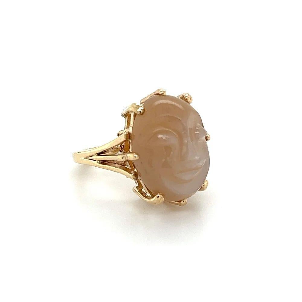 Simply Beautiful! Solitaire Carved Moon Face Moonstone Vintage Solitaire Platinum Cocktail Ring. Centering a securely nestled Hand set 14.55 Carat Carved Moon Face Moonstone set in a Hand crafted 8 prong 14K Yellow Gold split shank mounting. Ring
