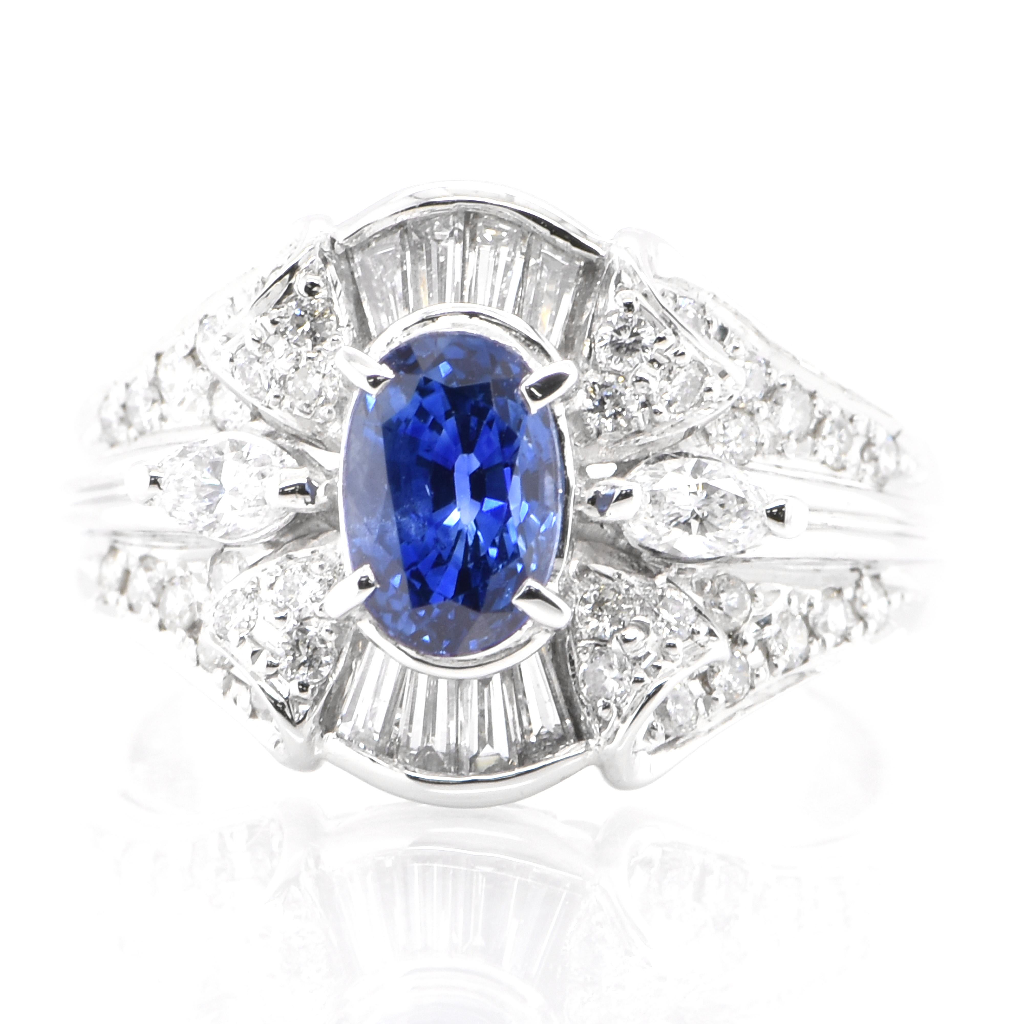 A beautiful ring featuring 1.46 Carat, Natural Sapphire and 0.81 Carats Diamond Accents set in Platinum. Sapphires have extraordinary durability - they excel in hardness as well as toughness and durability making them very popular in jewelry.