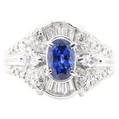 Vintage 1.46 Carat Natural Blue Sapphire and Diamond Ring Made in Platinum
