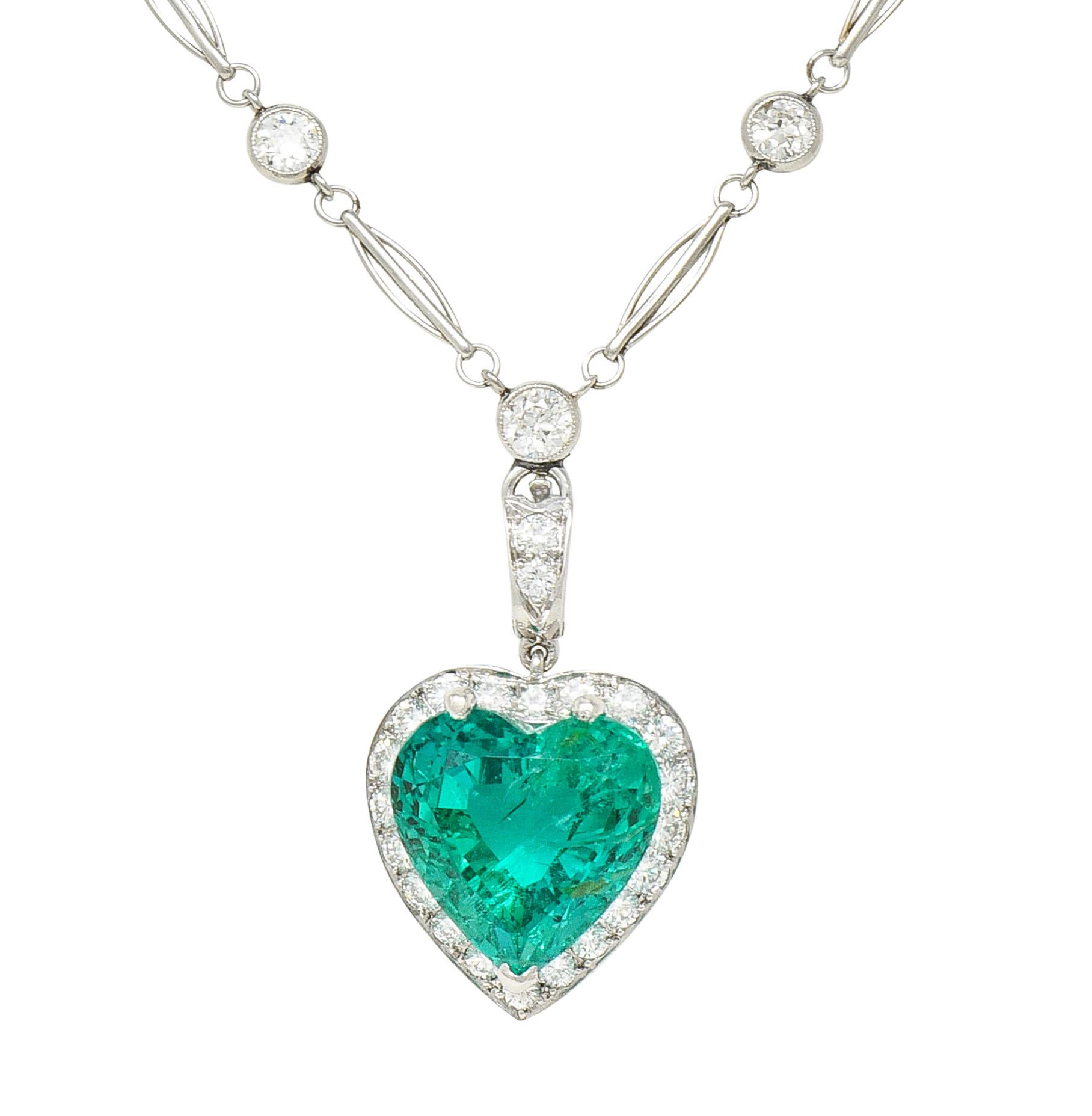 Vintage 14.64 CTW Heart Cut Colombian Emerald Diamond Platinum Pendant Necklace In Excellent Condition For Sale In Philadelphia, PA