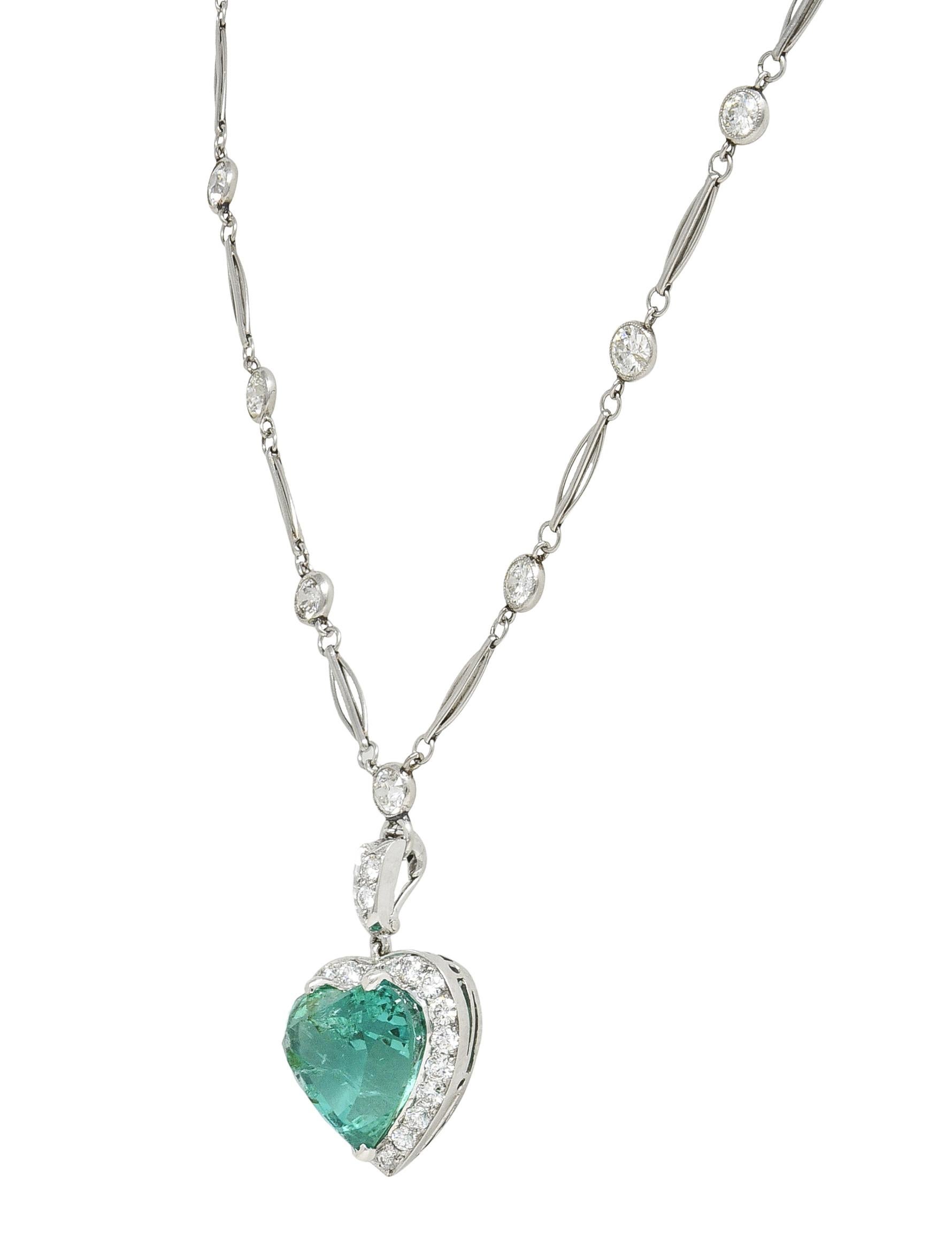 Vintage 14.64 CTW Heart Cut Colombian Emerald Diamond Platinum Pendant Necklace For Sale 1