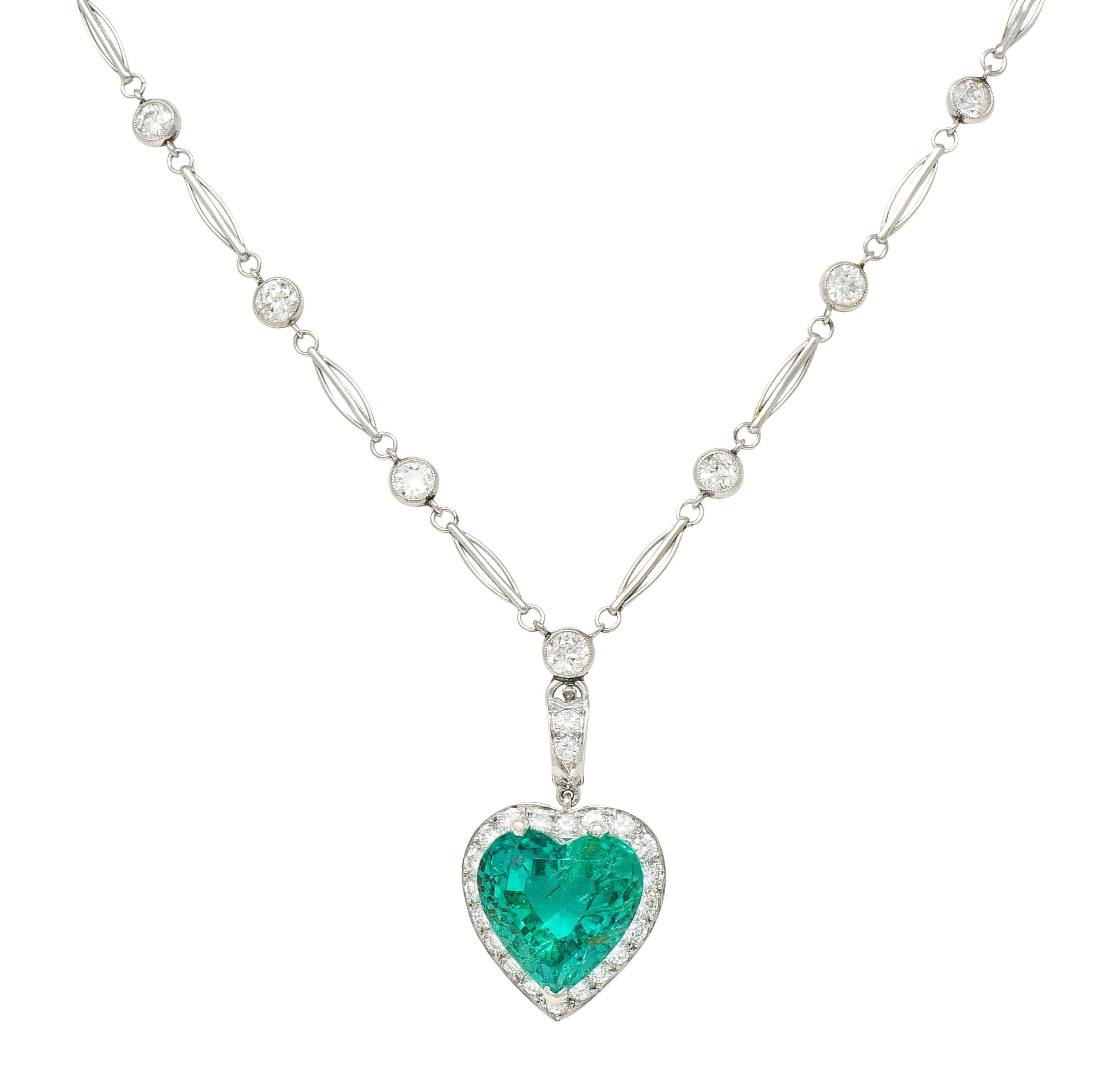 Vintage 14.64 CTW Heart Cut Colombian Emerald Diamond Platinum Pendant Necklace For Sale 2