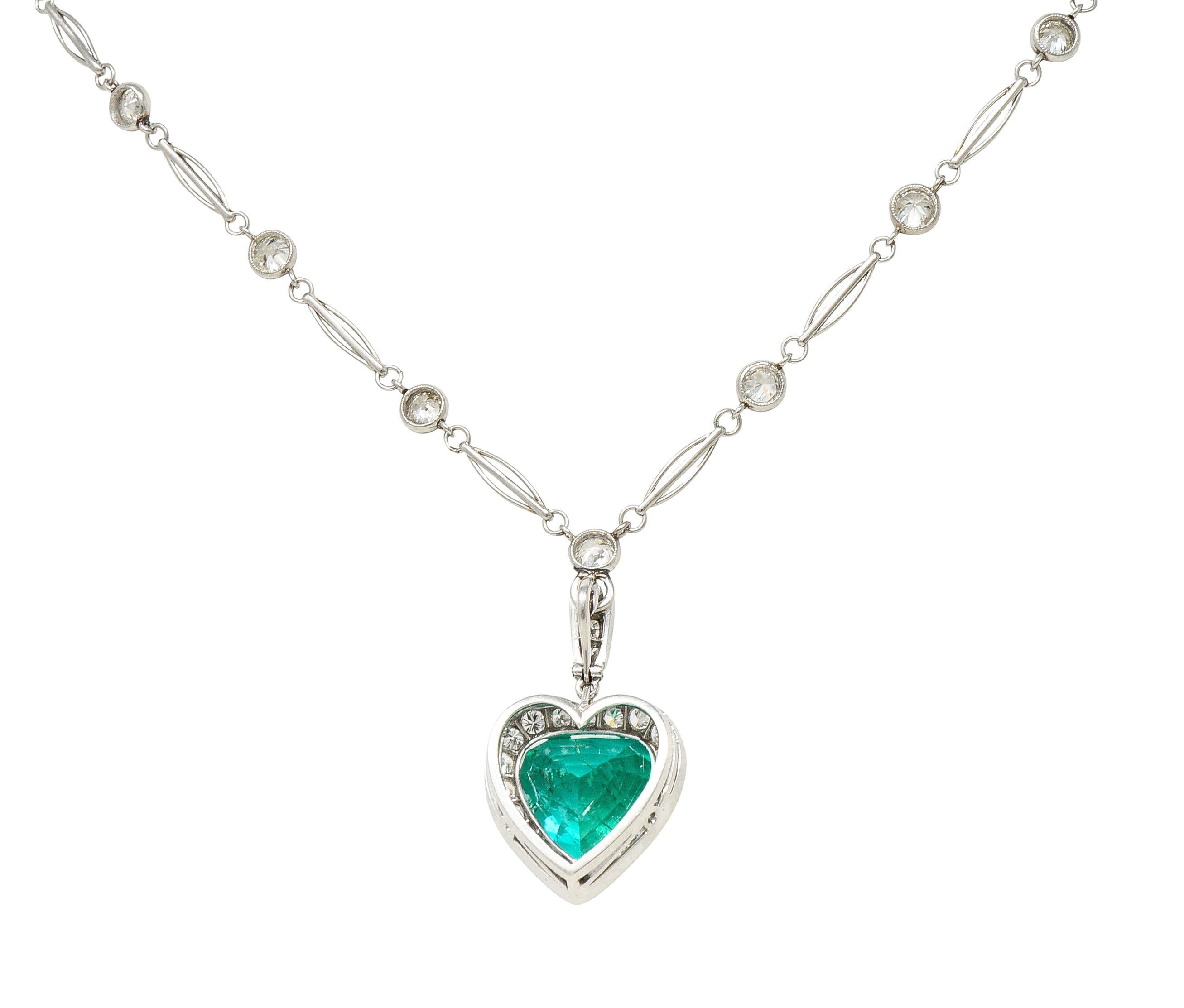 Vintage 14.64 CTW Heart Cut Colombian Emerald Diamond Platinum Pendant Necklace For Sale 3