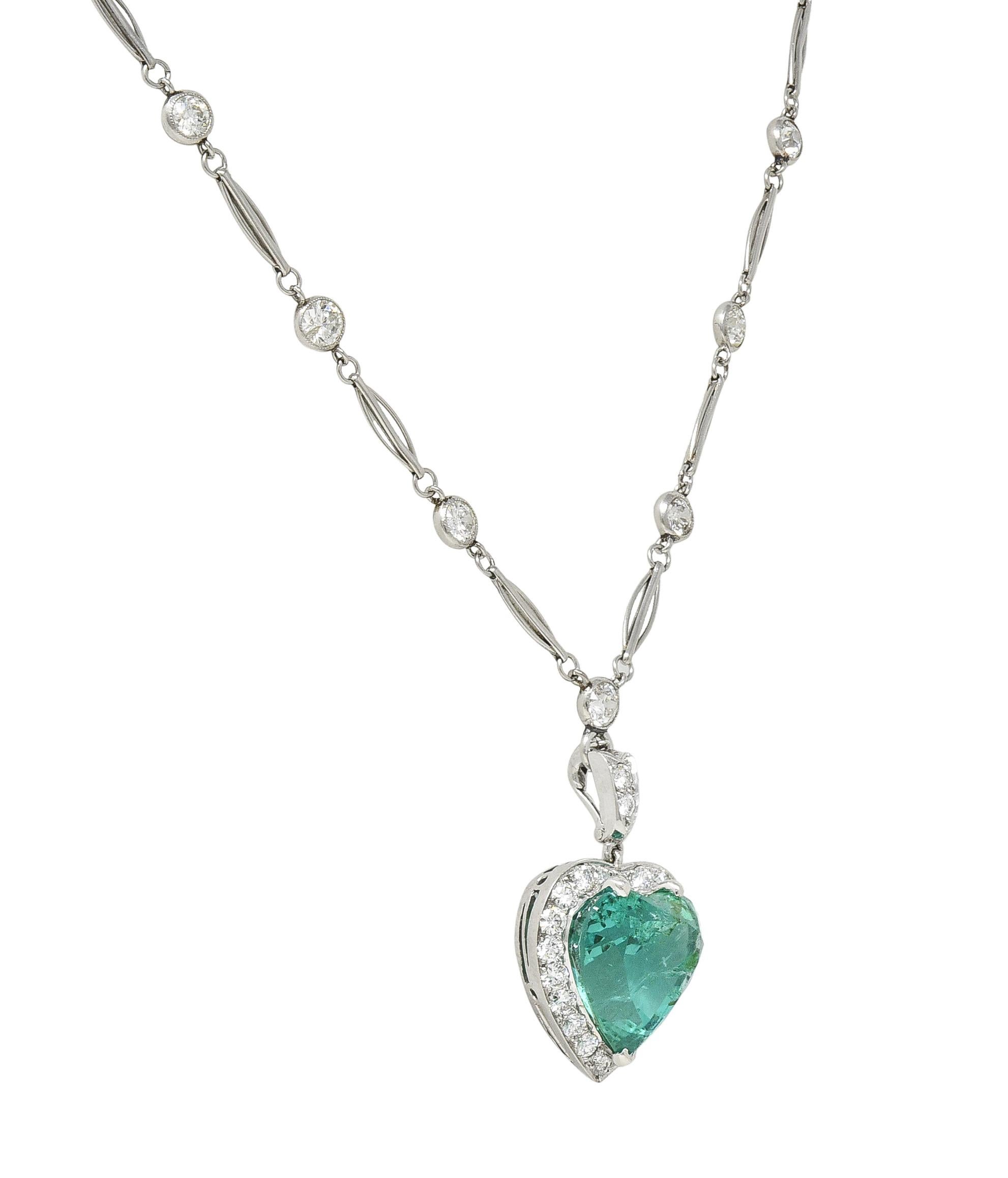 Vintage 14.64 CTW Heart Cut Colombian Emerald Diamond Platinum Pendant Necklace For Sale 4