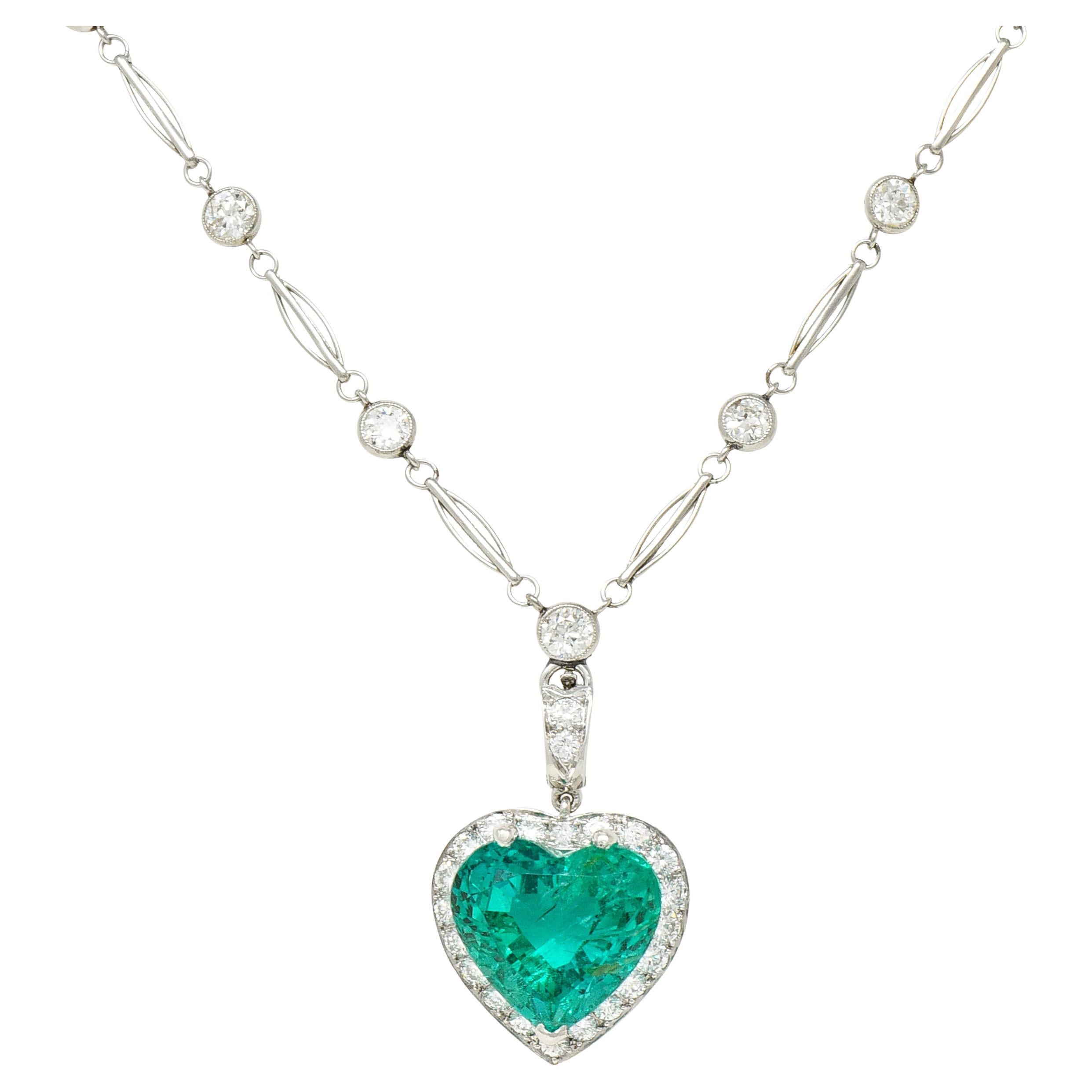 Vintage 14.64 CTW Heart Cut Colombian Emerald Diamond Platinum Pendant Necklace For Sale