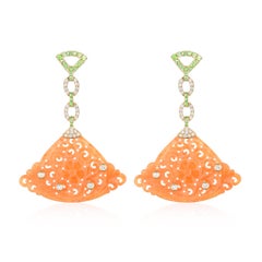 Vintage 14.69Ct Jade Garnet Diamond Drop Earrings in 14K Yellow Gold