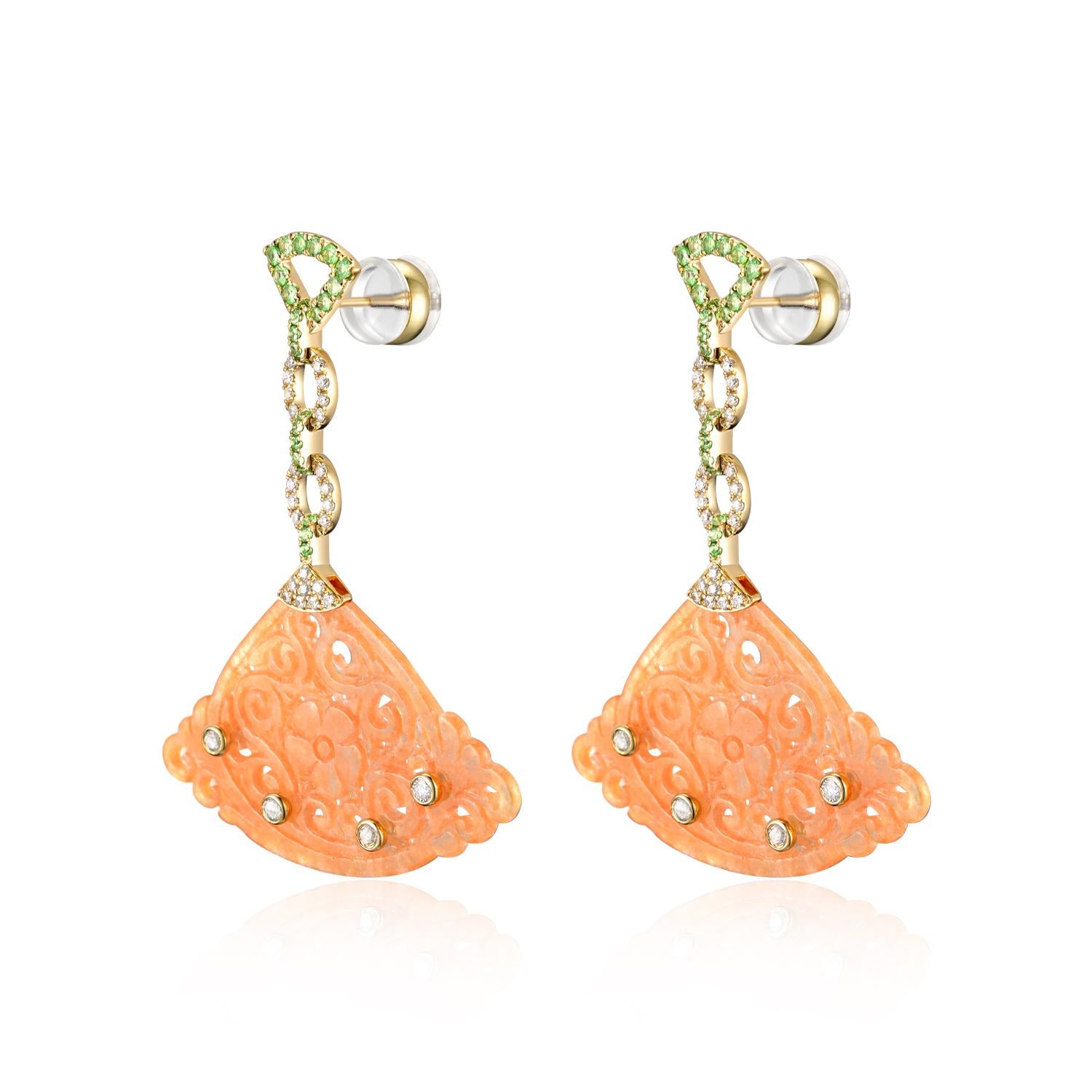 Pendientes Vintage de Gota de Diamantes y Granate de Jade de 14,69 qt en Oro Amarillo de 14 quilates Contemporáneo en venta