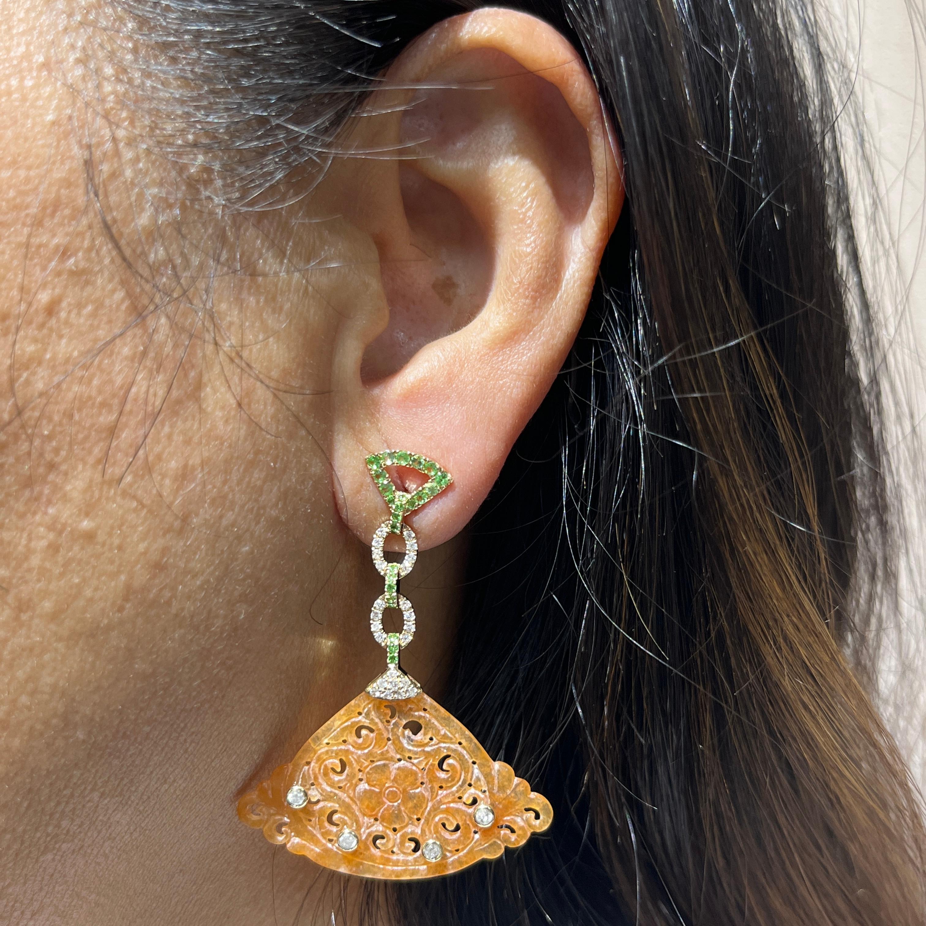 Pendientes Vintage de Gota de Diamantes y Granate de Jade de 14,69 qt en Oro Amarillo de 14 quilates Corte mixto en venta