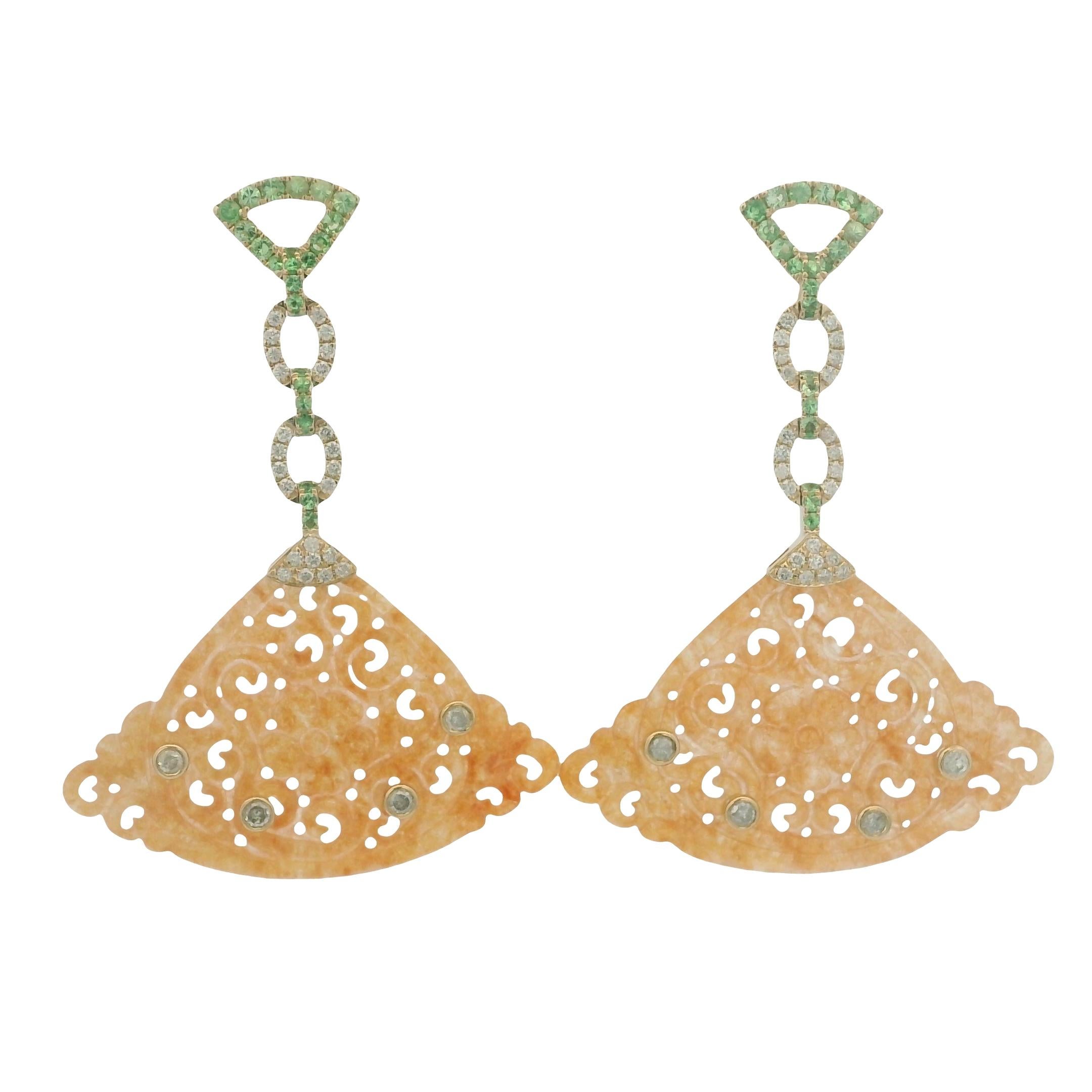 Pendientes Vintage de Gota de Diamantes y Granate de Jade de 14,69 qt en Oro Amarillo de 14 quilates en venta 1