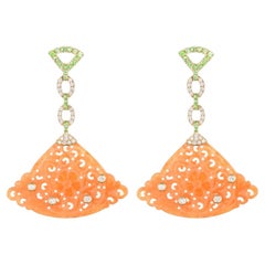 Vintage 14.69Ct Jade Garnet Diamond Drop Earrings in 14K Yellow Gold
