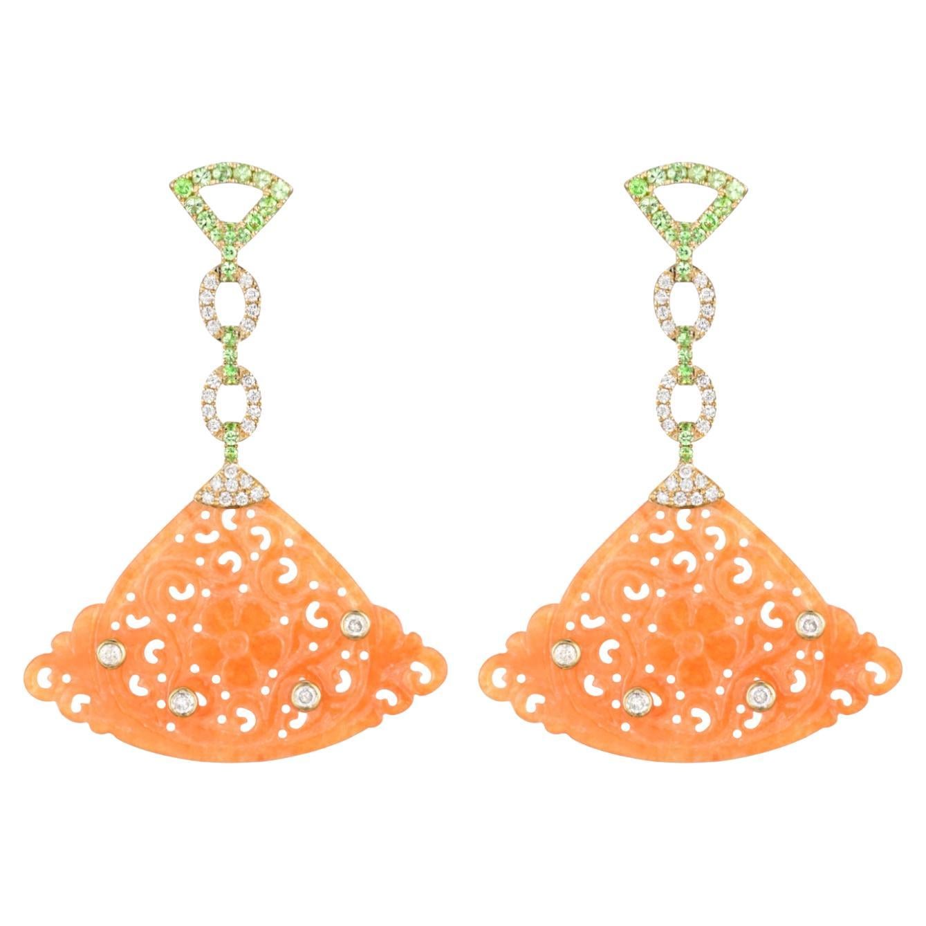 Vintage 14.69Ct Jade Grenat Diamant Boucles d'oreilles pendantes en or jaune 14K