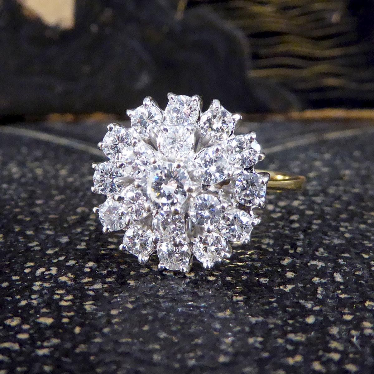 Round Cut Vintage 1.46ct Diamond Flower Cluster Ring in 18ct Yellow and White Gold