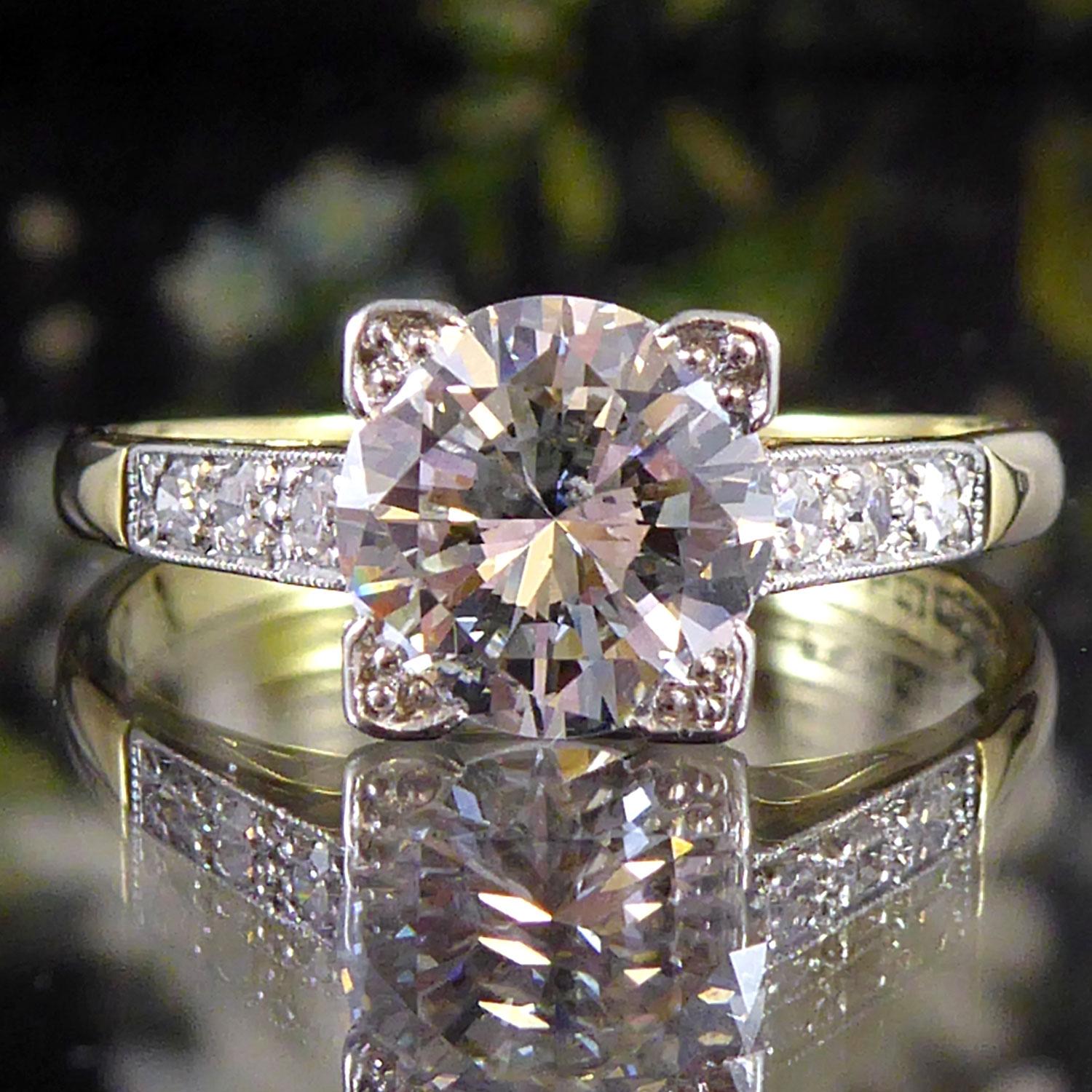 Contemporary Vintage 1.47 Carat Diamond Solitaire Ring with Diamond Shoulders