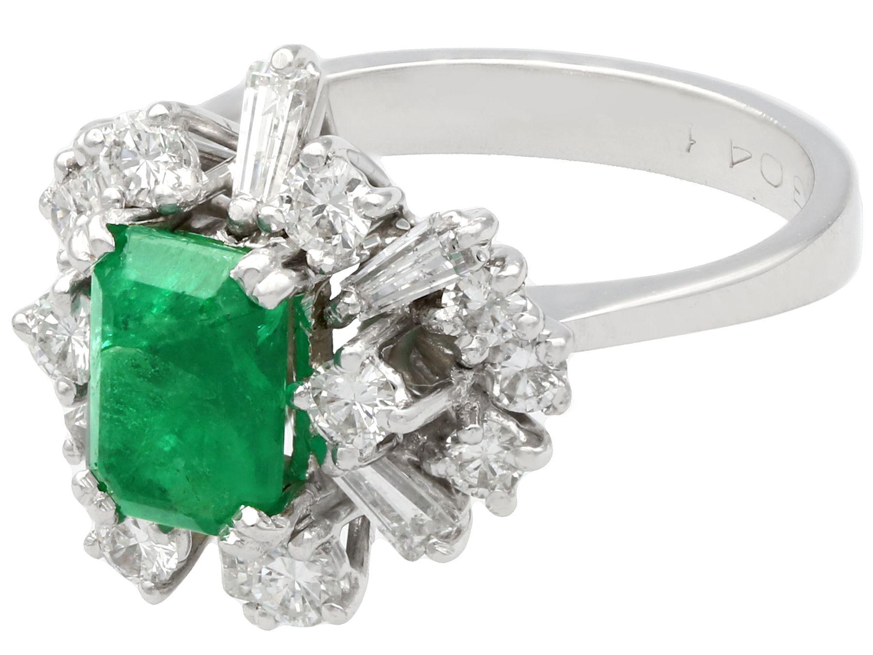 Baguette Cut Vintage 1.48 Carat Emerald and 1.08 Carat Diamond White Gold Cluster Ring