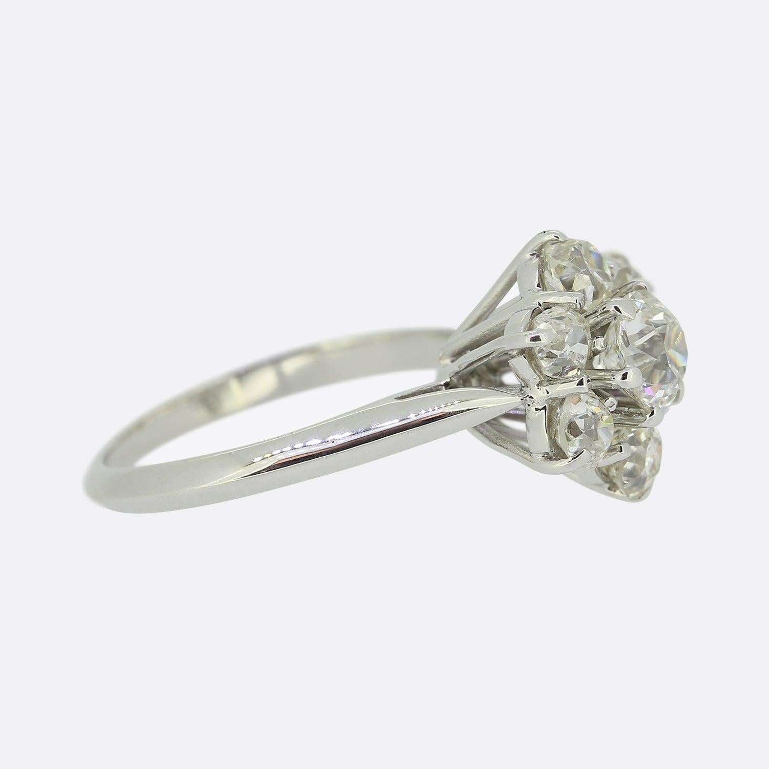 Old Mine Cut Vintage 1.48 Carat Old Cut Diamond Cluster Ring For Sale