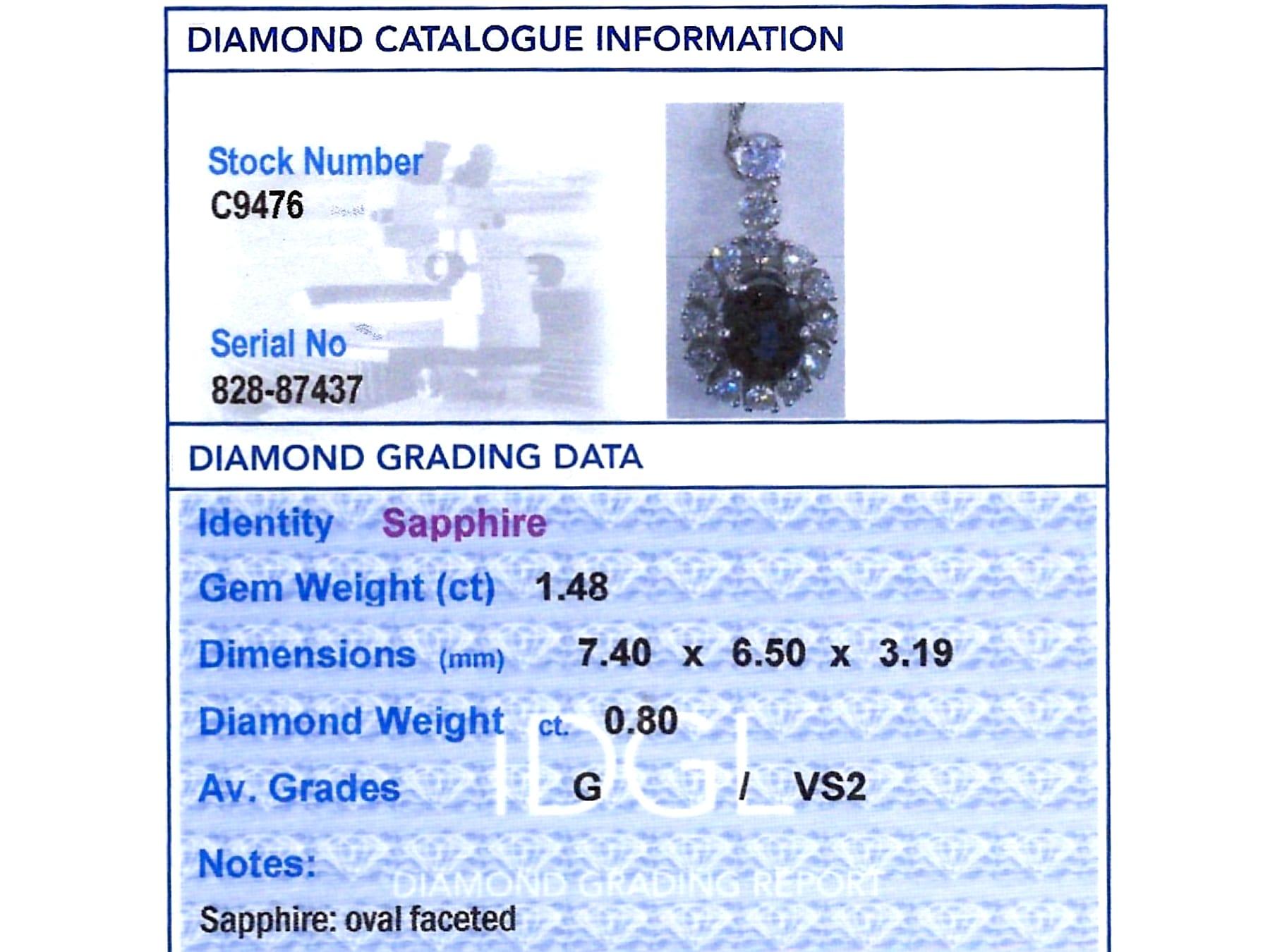 Ciondolo d'epoca in oro bianco 14k con zaffiro da 1,48 carati e diamante da 0,80 carati Circa 1960 in vendita 3