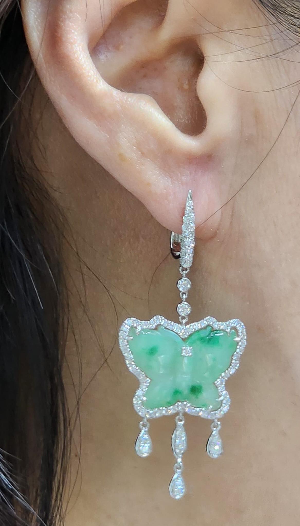 Uncut Vintage 14.85ct Butterfly Jade and Diamond Dangle Drop Earring in 18k White Gold For Sale