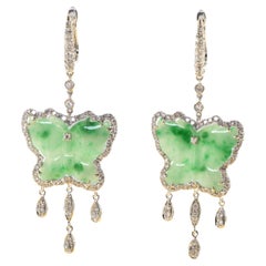 Vintage 14.85ct Butterfly Jade and Diamond Dangle Drop Earring in 18k White Gold