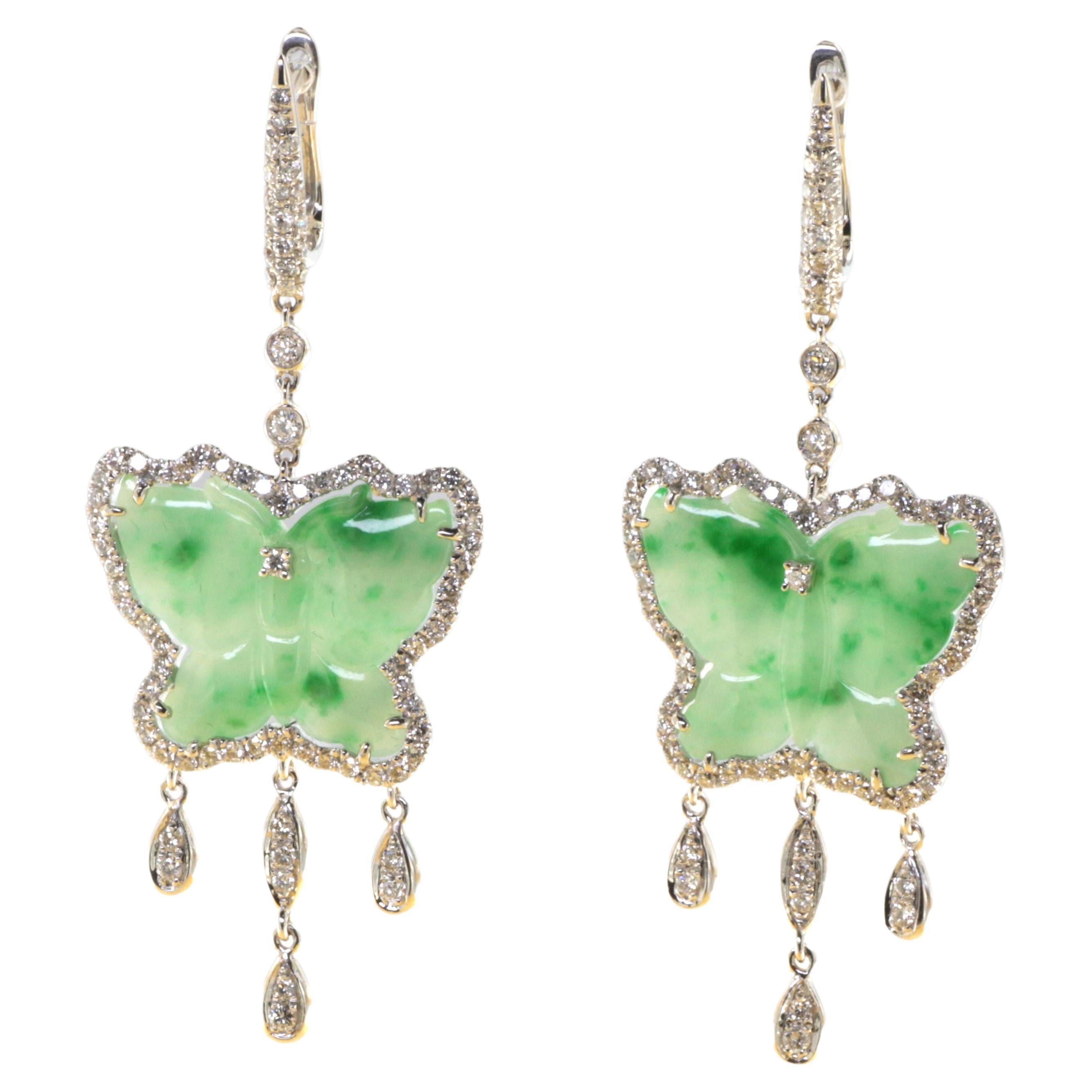 Vintage 14.85ct Jade Butterfly and Diamond Dangle Earrings, 18k Gold For Sale