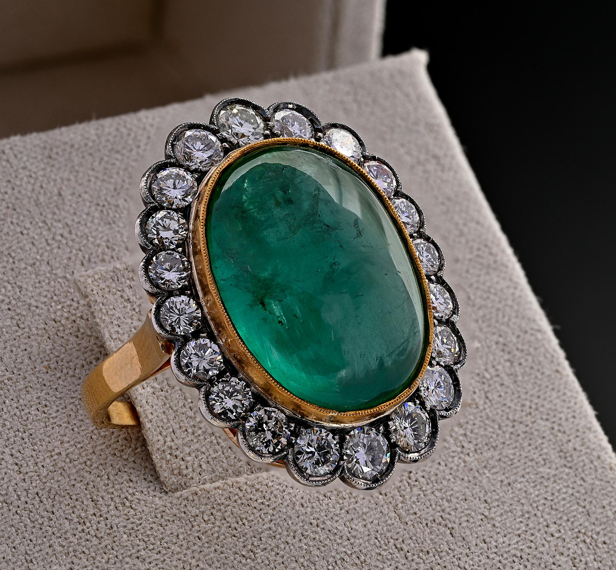 Cabochon Vintage 14.90 Ct Emerald 2.80 Ct Diamond Ring For Sale