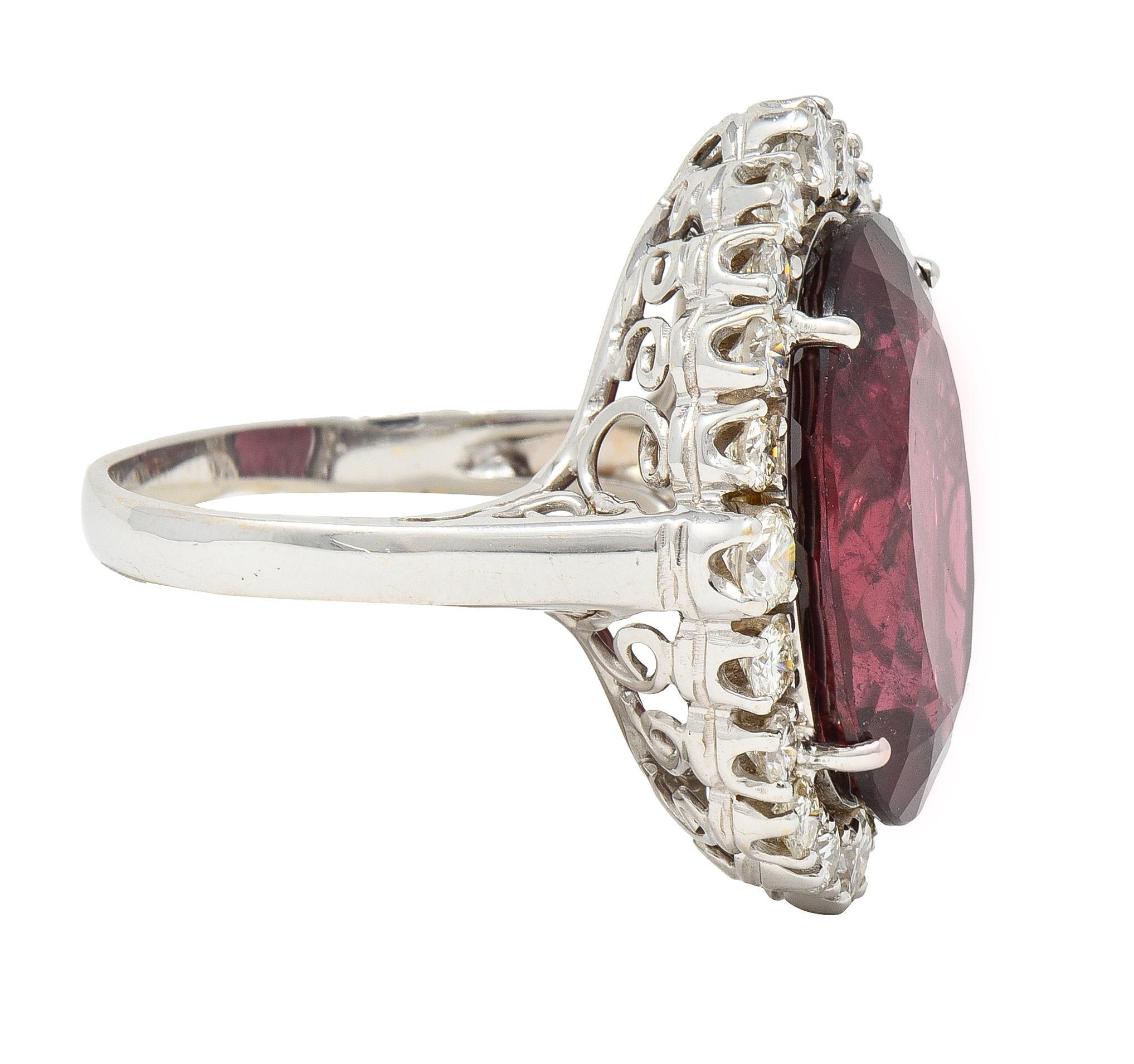 Vintage 14.90 CTW Rubellite Diamond 18 Karat White Gold Cluster Cocktail Ring In Excellent Condition For Sale In Philadelphia, PA