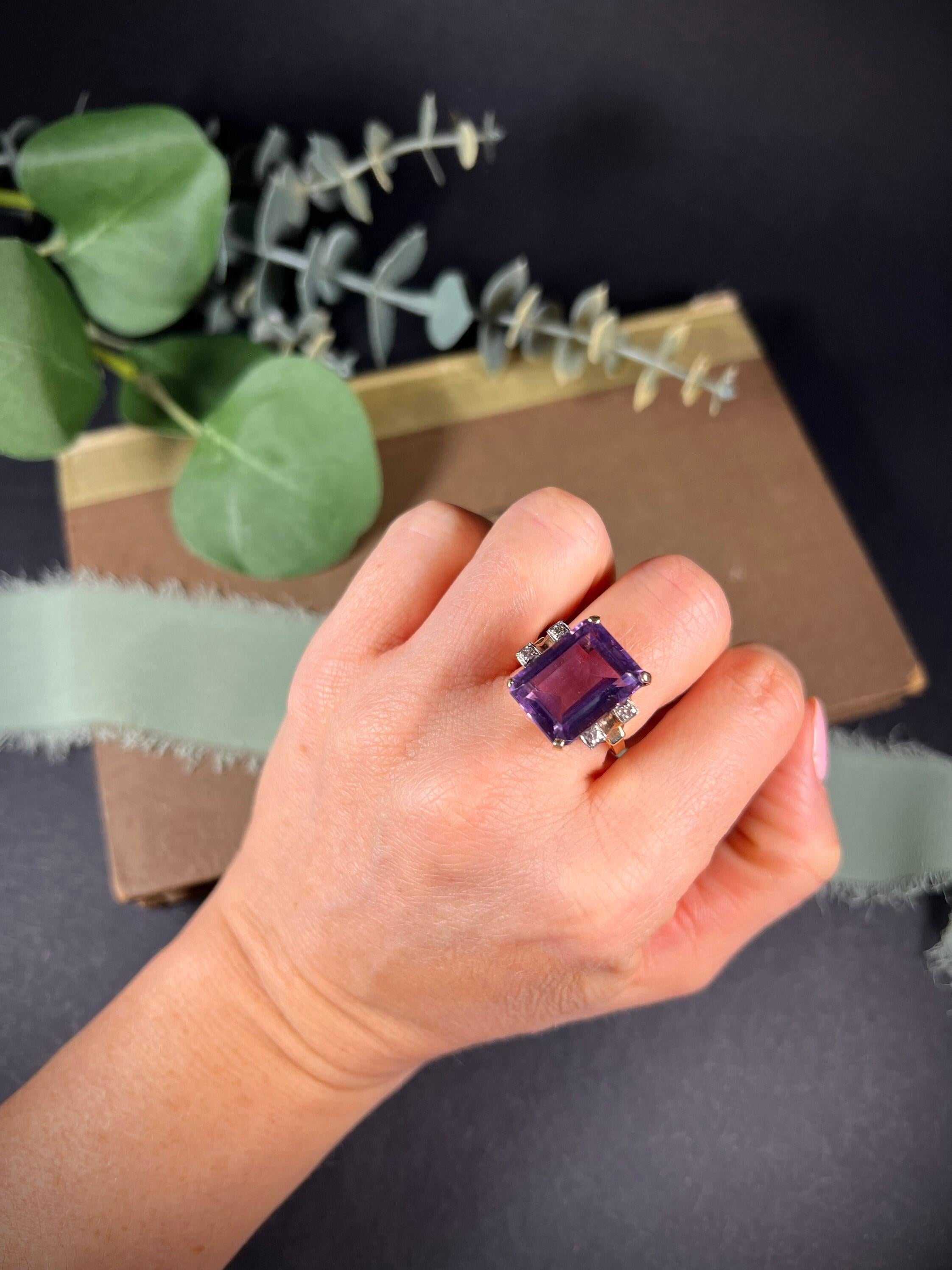 Vintage 14ct Gold Amethyst & Diamond Cocktail Ring For Sale 5