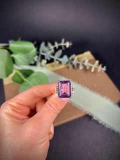 Anello da cocktail con ametista e diamante in oro 14ct vintage