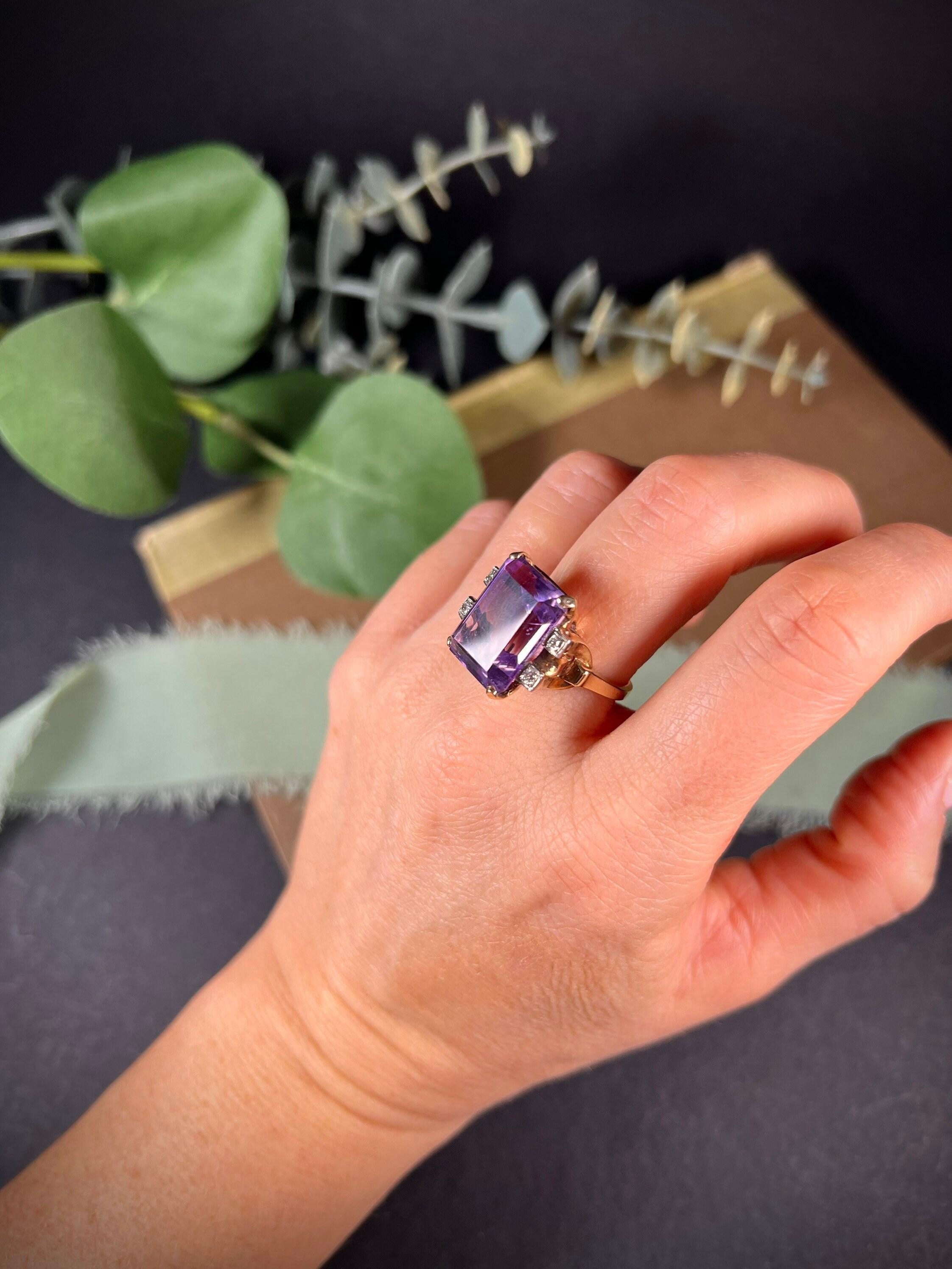 Vintage 14ct Gold Amethyst & Diamond Cocktail Ring For Sale 2
