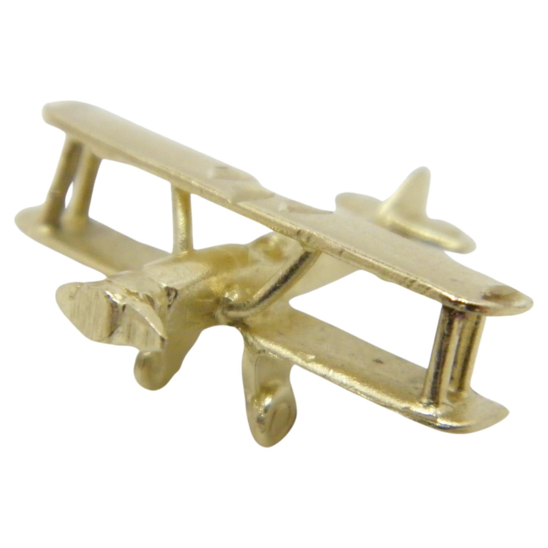 Vintage 14ct Gold Biplane Aeroplane Model Charm Fob c1970s 585 Purity Heavy For Sale