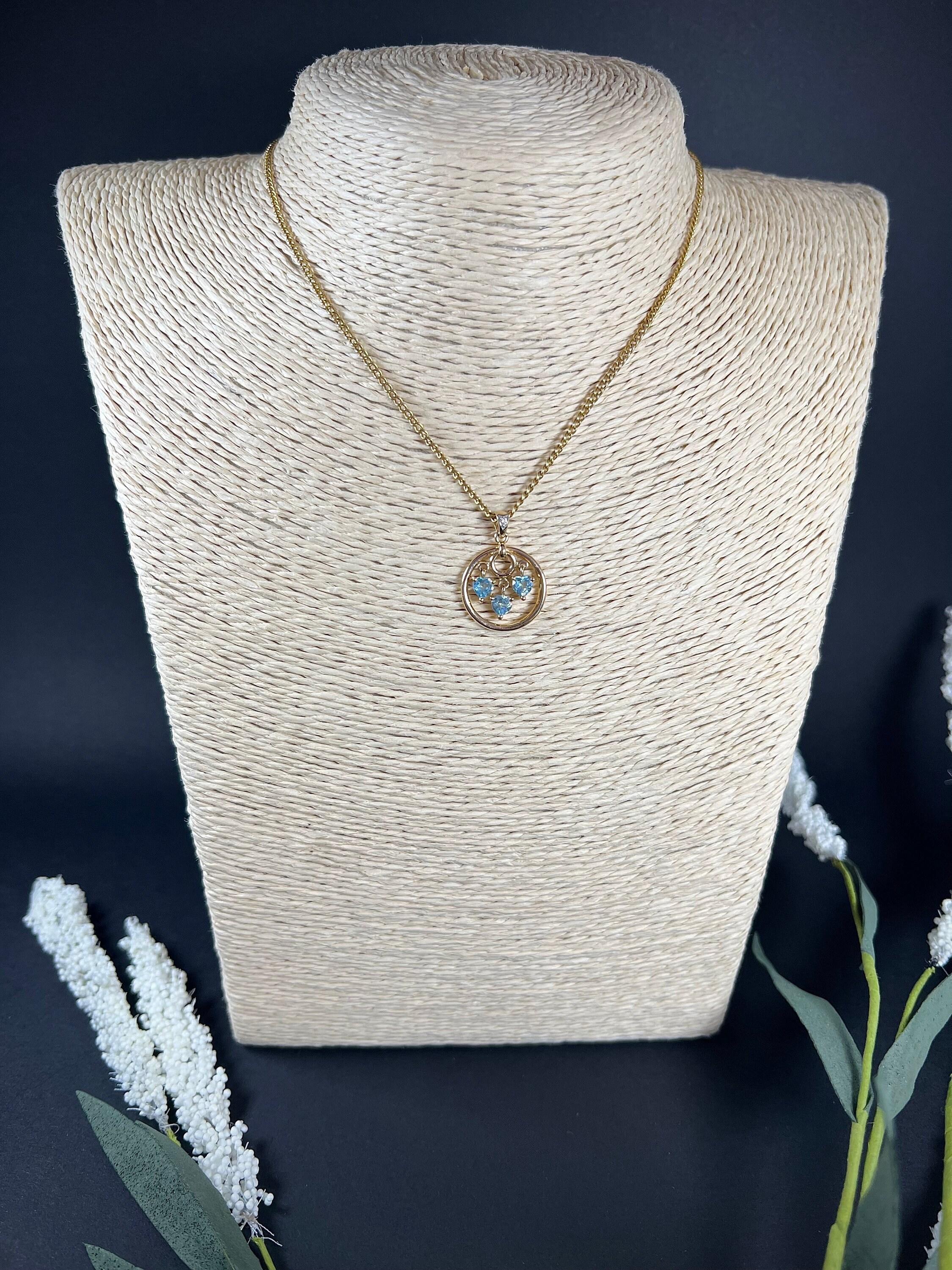 Vintage 14ct Gold Blue Topaz & Diamond Heart Pendant For Sale 1