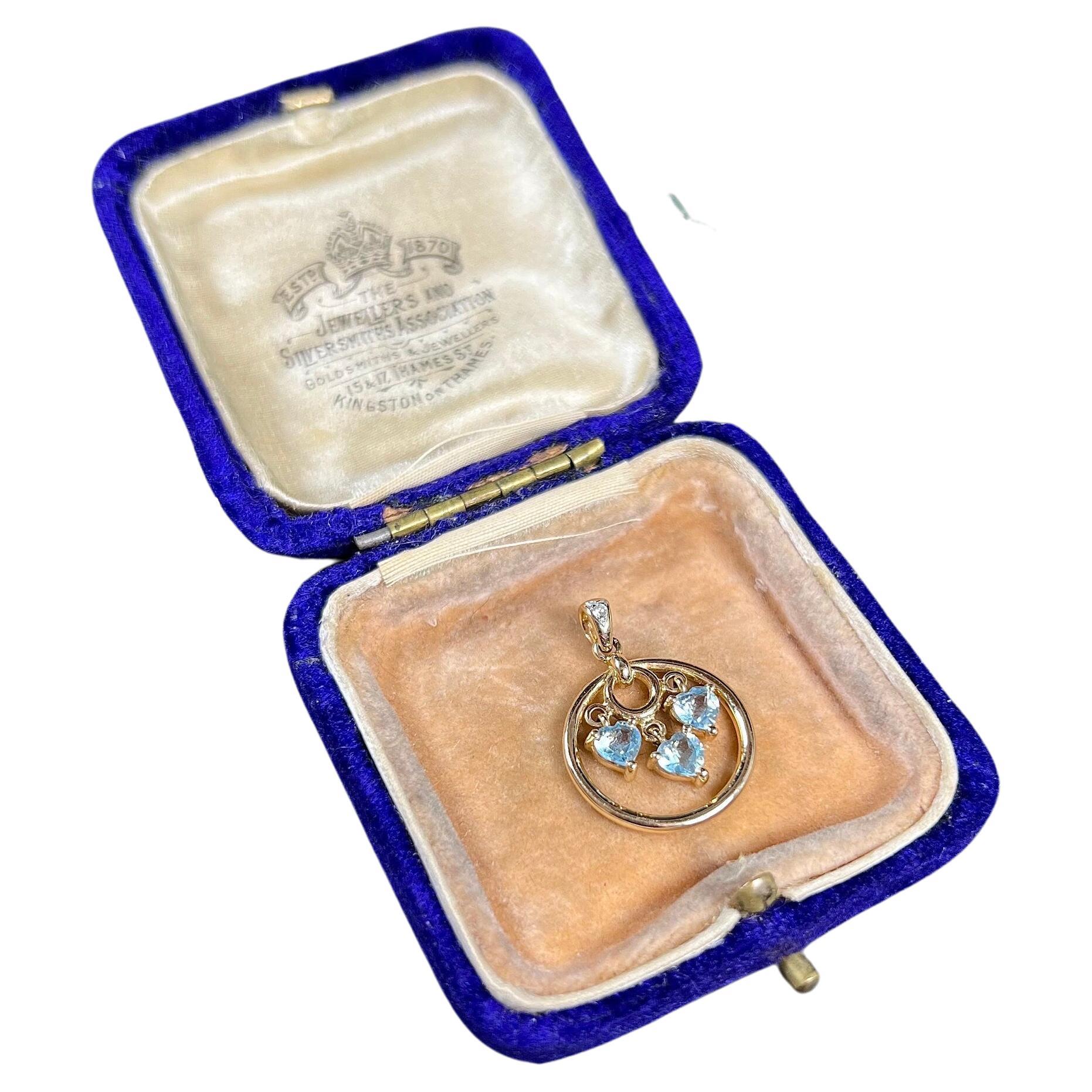 Vintage 14ct Gold Blue Topaz & Diamond Heart Pendant For Sale