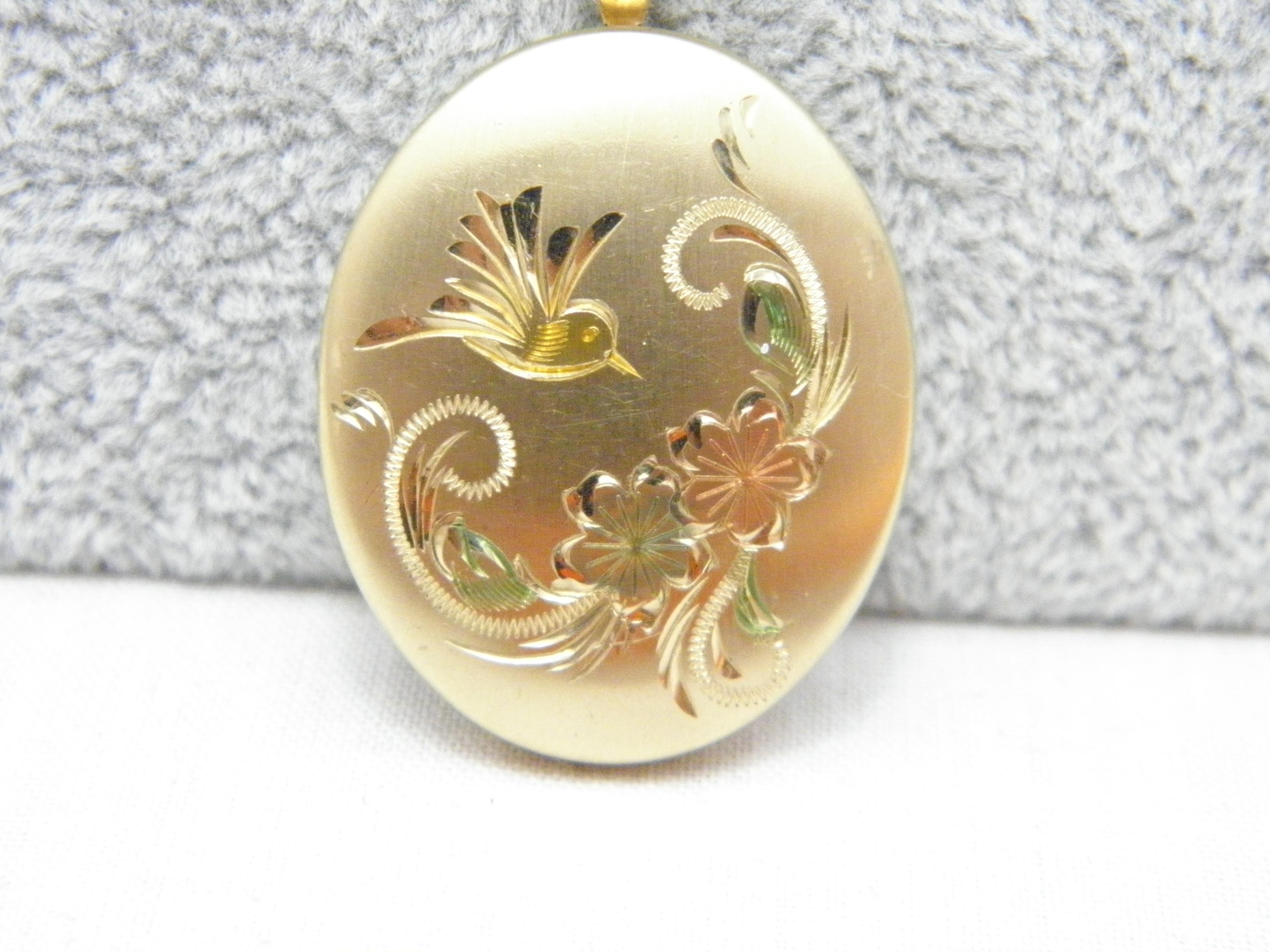 Edwardian Vintage 14ct Gold 'Filled' Floral Bird Locket Pendant 585 Purity Large Designer For Sale