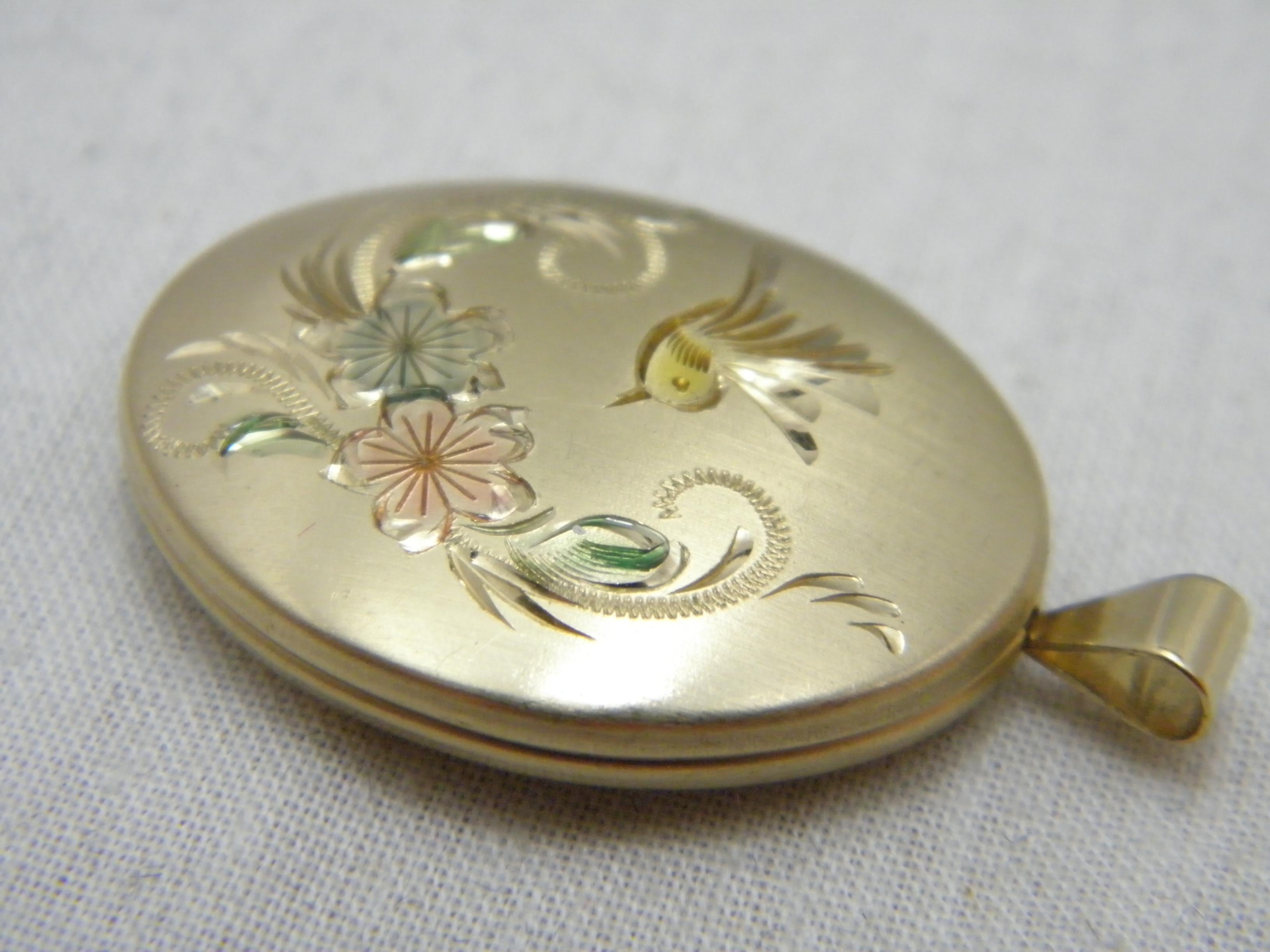 Vintage 14ct Gold 'Filled' Floral Bird Locket Pendant 585 Purity Large Designer For Sale 1