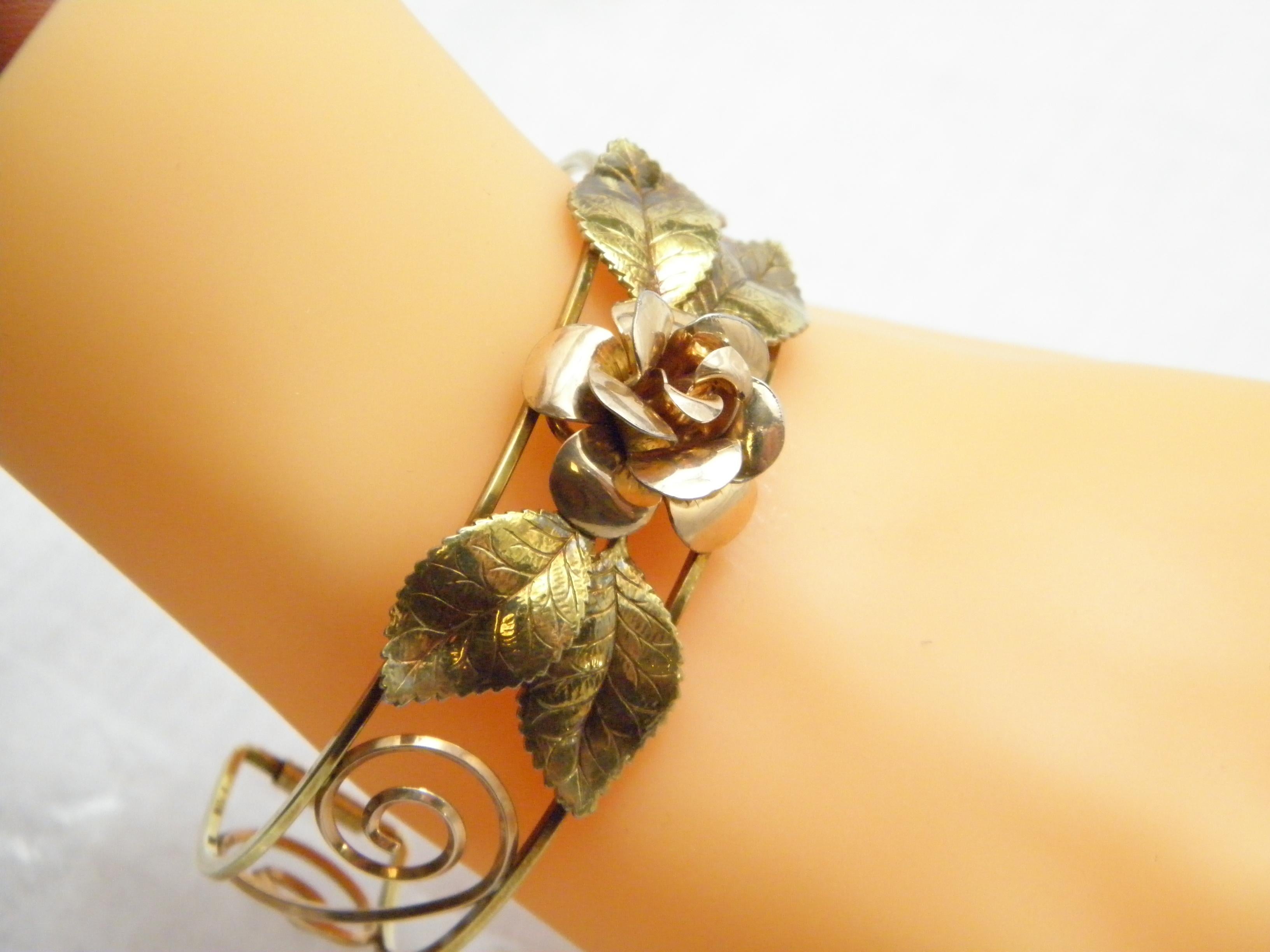 Vintage 14ct Gold 'Filled' Floral Rose Cuff Bracelet Bangle 585 Purity Heavy 3