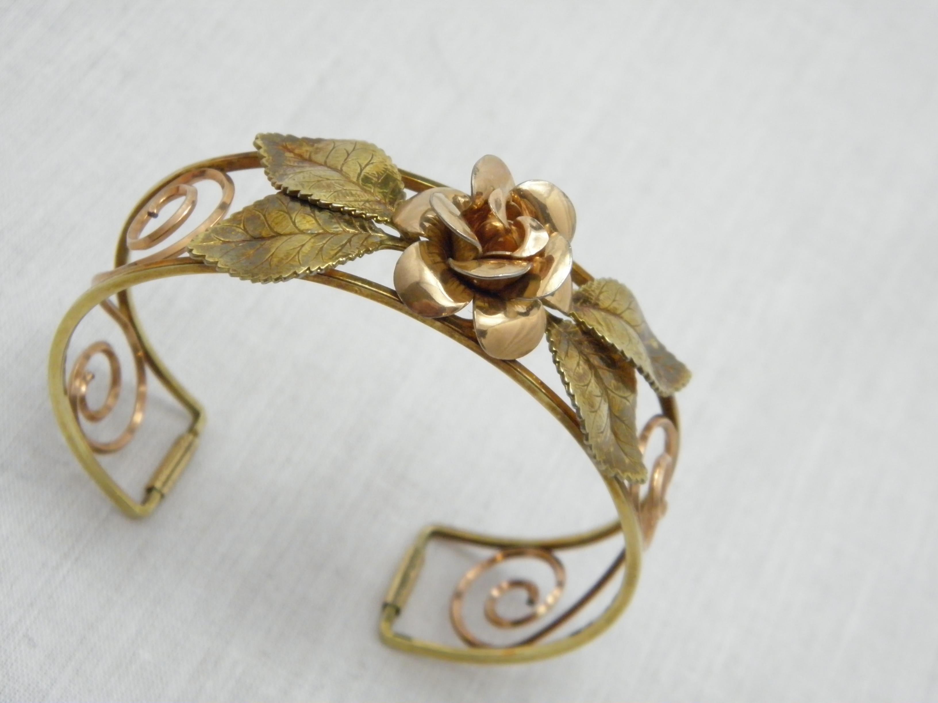 Vintage 14ct Gold 'Filled' Floral Rose Cuff Bracelet Bangle 585 Purity Heavy 2