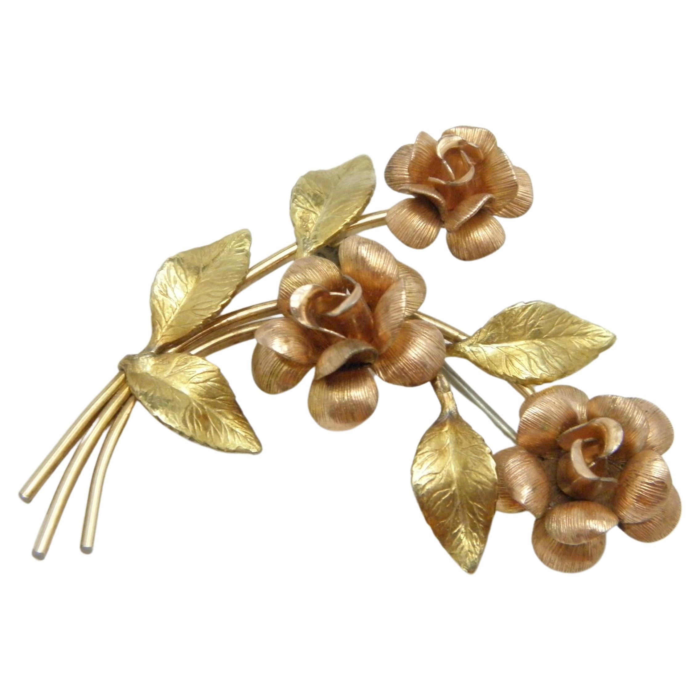 Vintage 14ct Gold 
Filled
 Floral Rose Spray Brooch Pin 585 Purity Heavy 6.5g For Sale