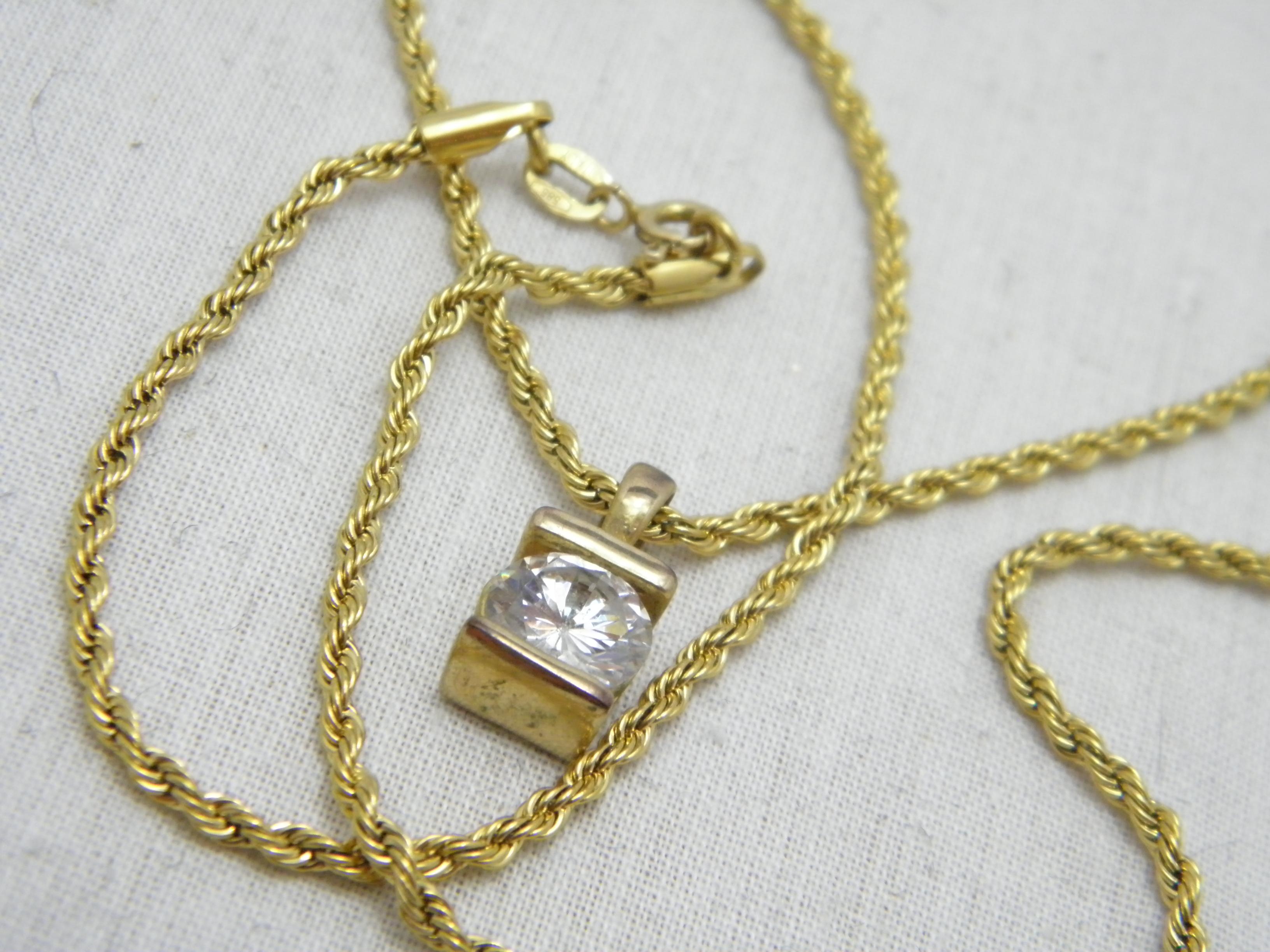 Vintage 14ct Gold Heavy Diamond Paste Pendant Necklace Rope Chain 585 18 Inch For Sale 4