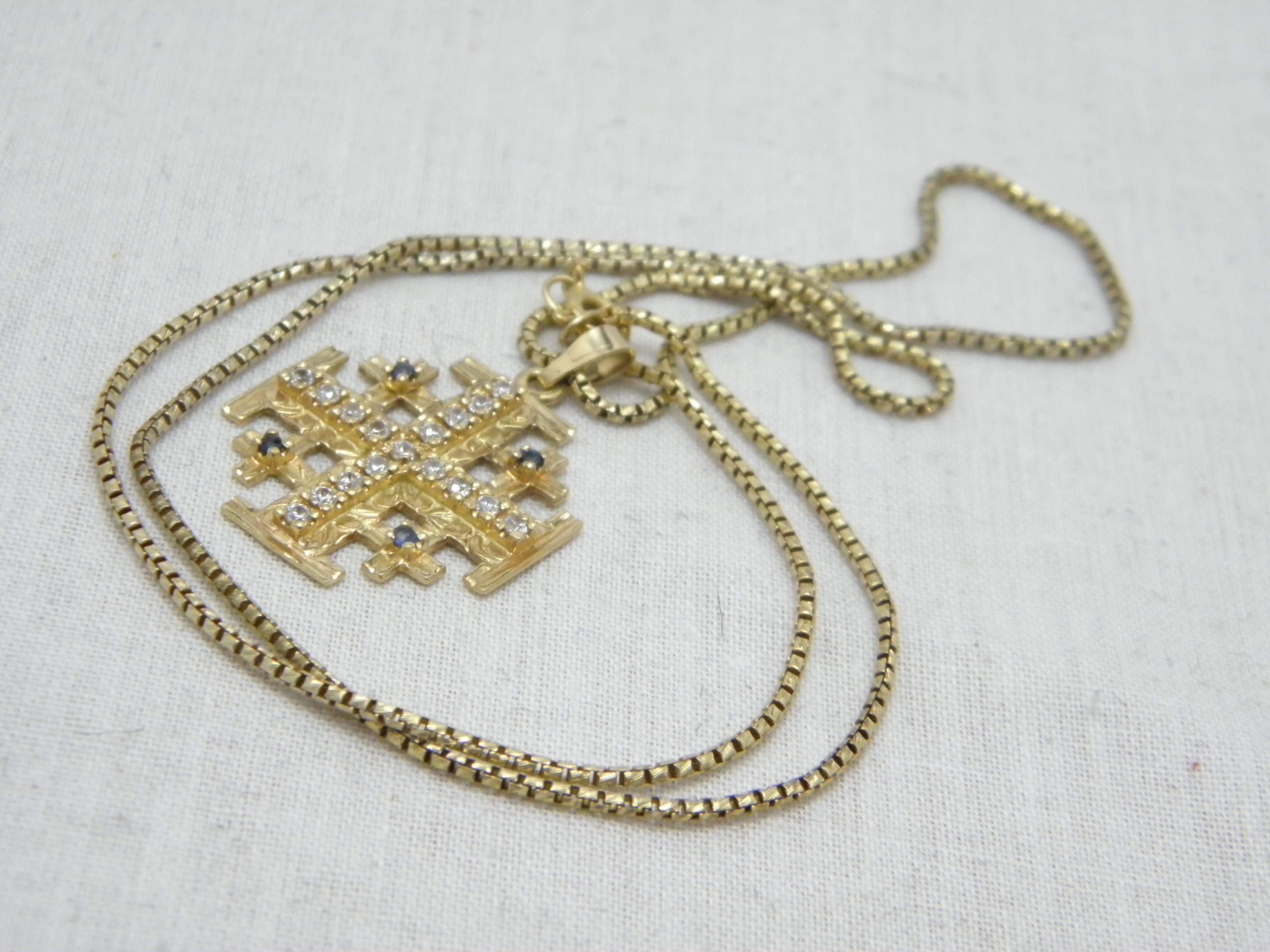 Vintage 14ct Gold Heavy Jerusalem Cross Pendant Necklace Box Chain 585 19 Inch For Sale 1