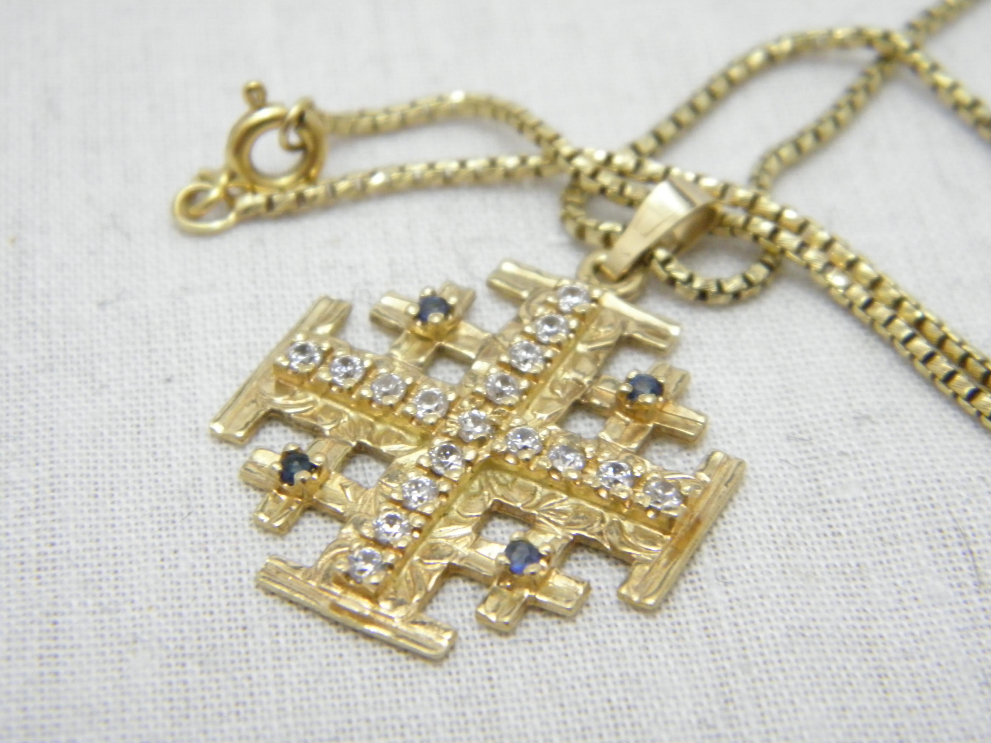 Women's or Men's Vintage 14ct Gold Heavy Jerusalem Cross Pendant Necklace Box Chain 585 19 Inch For Sale