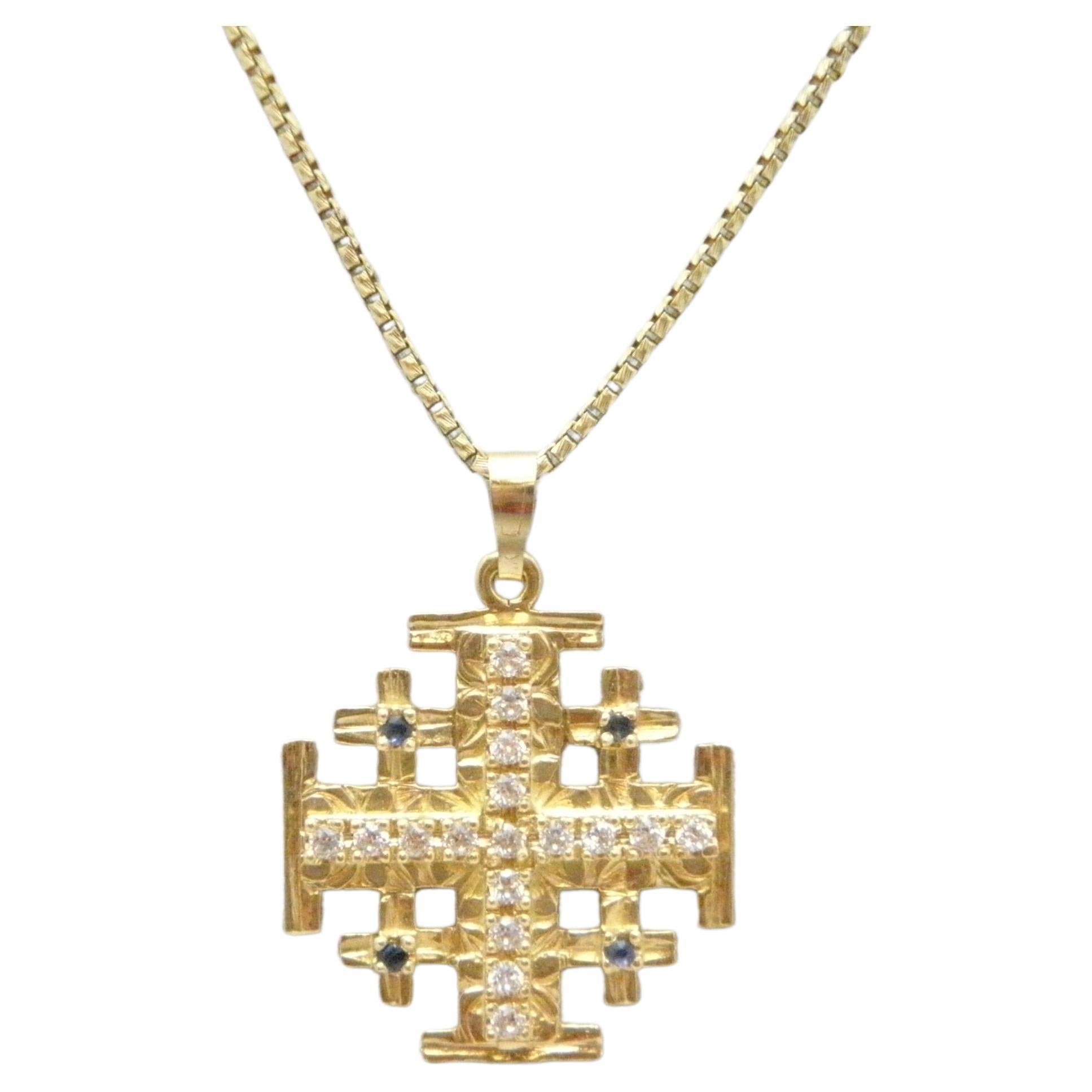 Vintage 14ct Gold Heavy Jerusalem Cross Pendant Necklace Box Chain 585 19 Inch For Sale