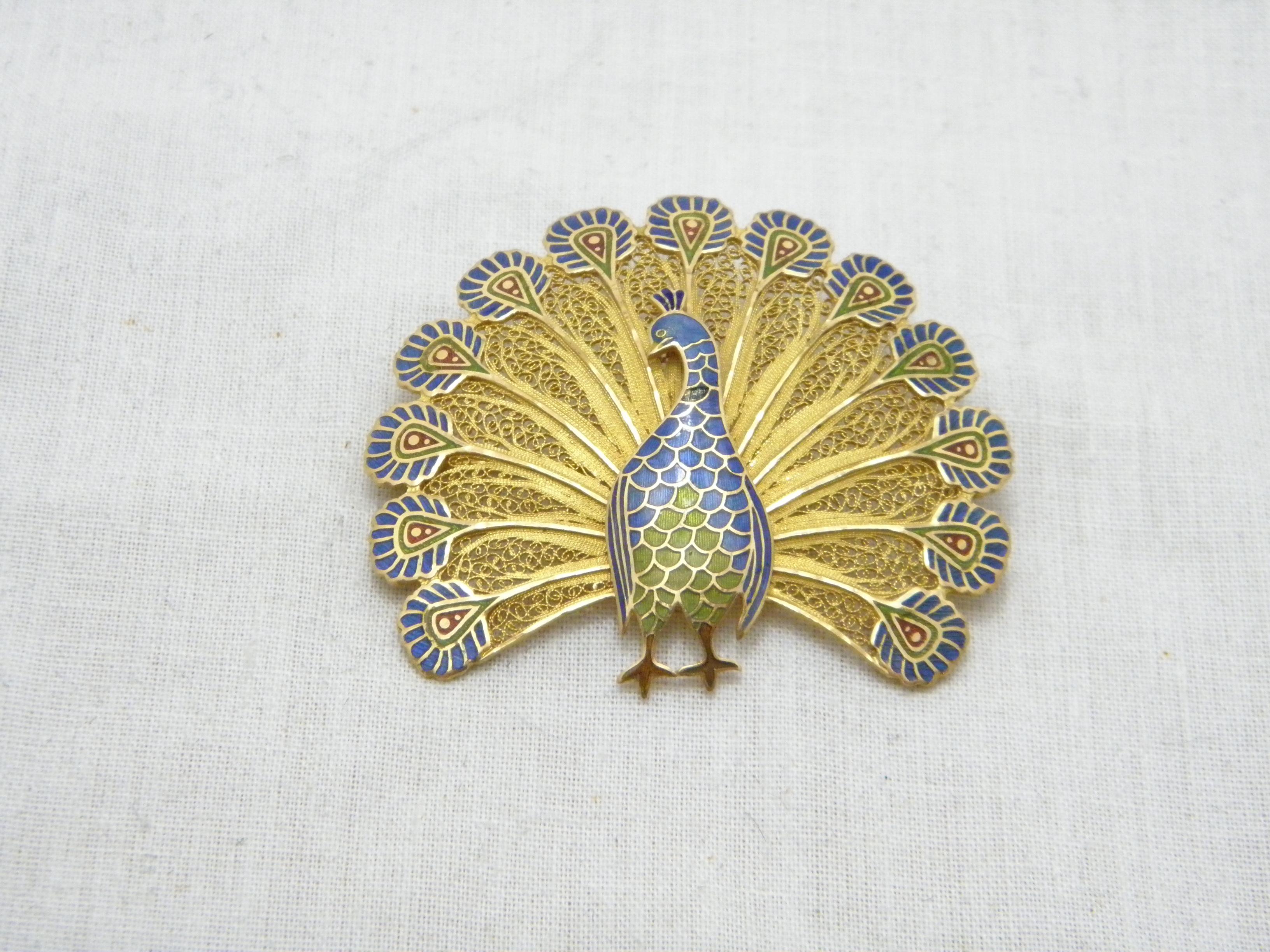 enamel peacock brooch