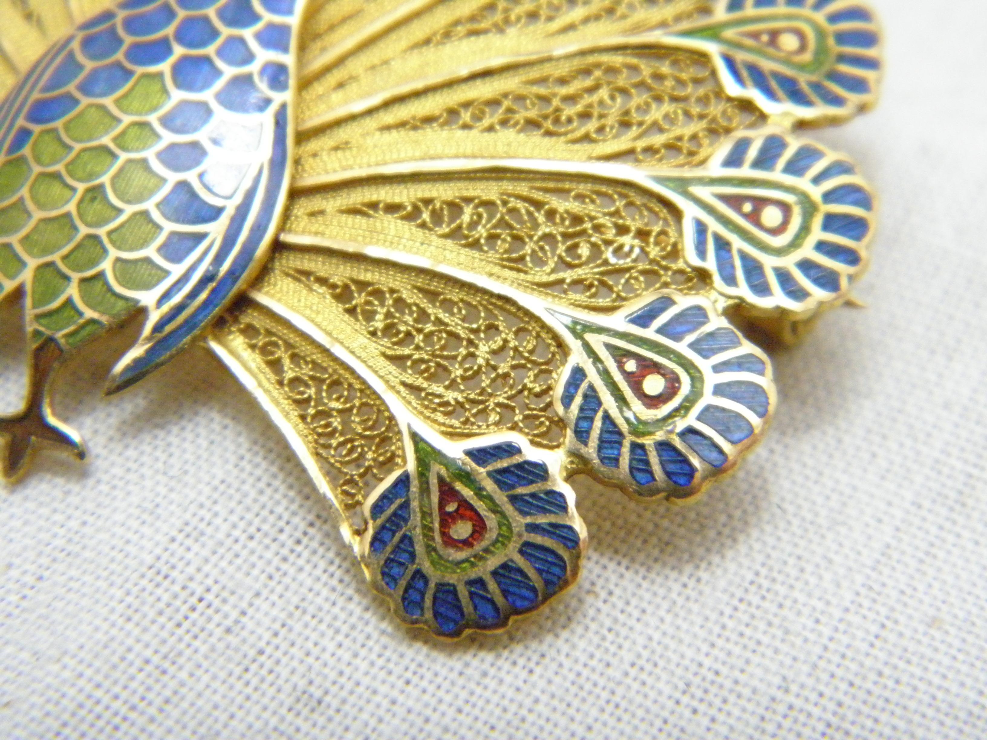 Vintage 14ct Gold Huge Peacock Brooch Pin c1970 Heavy 15.9g 585 Purity Portugal In Good Condition For Sale In Camelford, GB