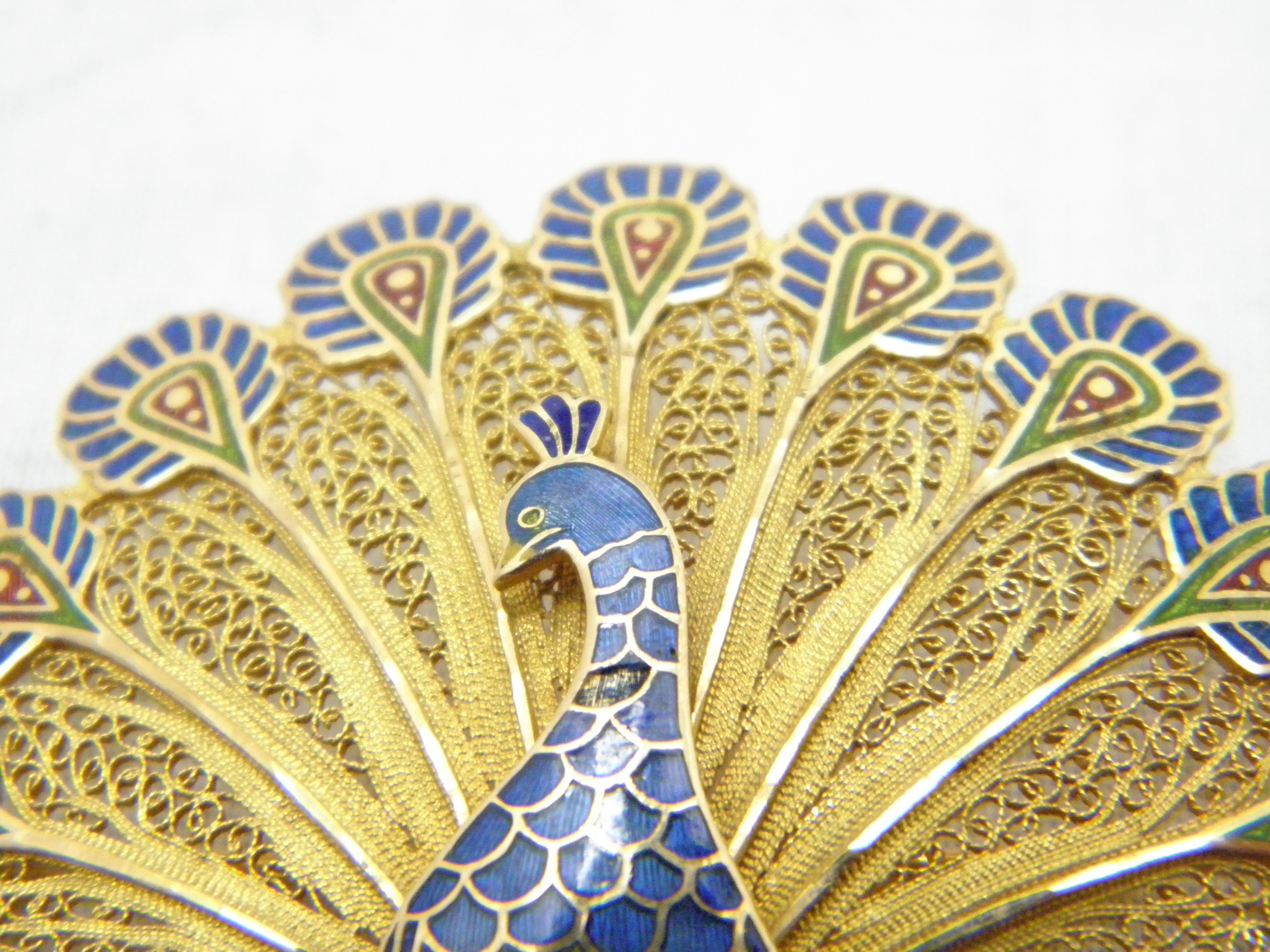 Women's or Men's Vintage 14ct Gold Huge Peacock Brooch Pin c1970 Heavy 15.9g 585 Purity Portugal For Sale