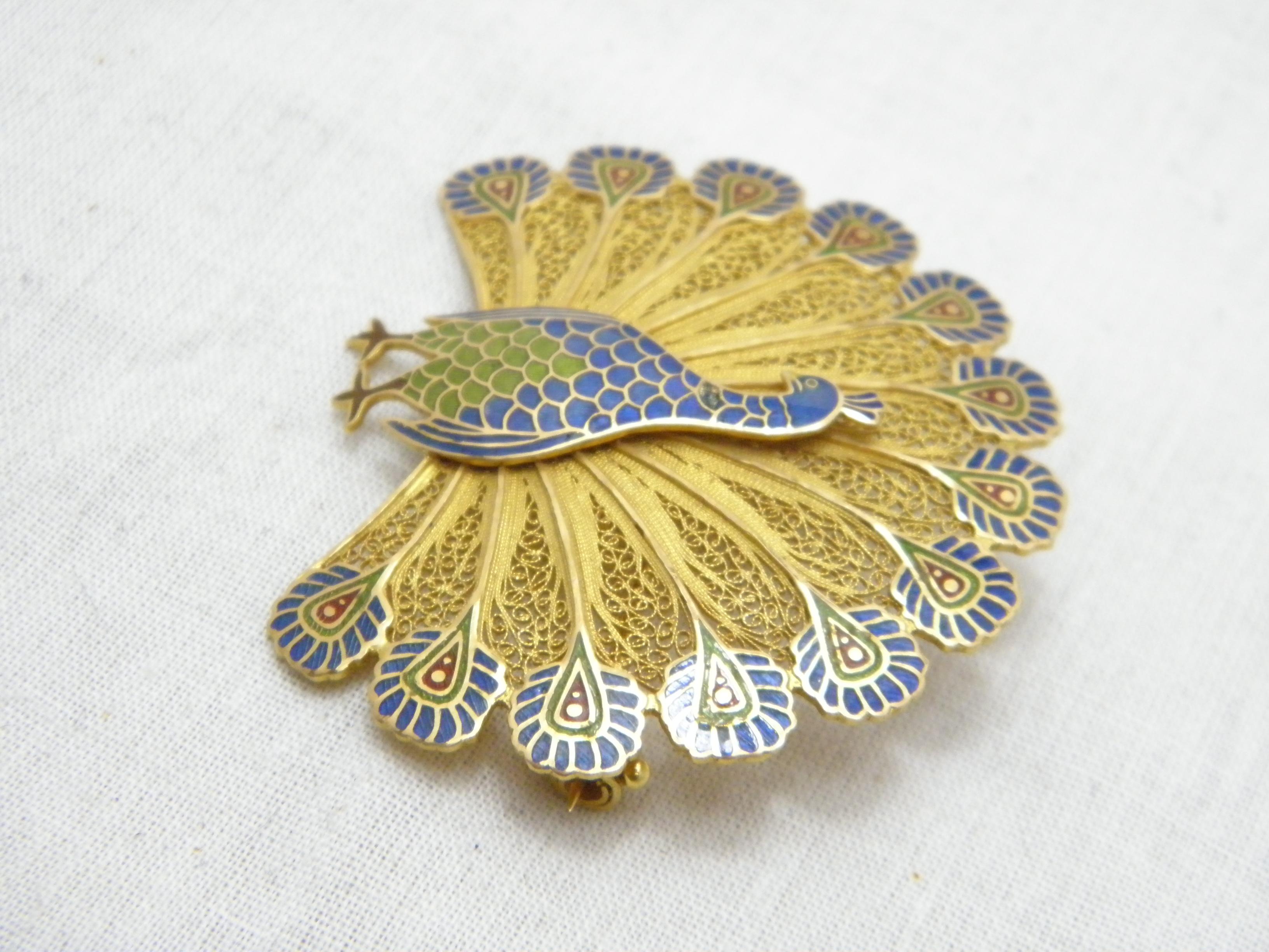 Vintage 14ct Gold Huge Peacock Brooch Pin c1970 Heavy 15.9g 585 Purity Portugal For Sale 1
