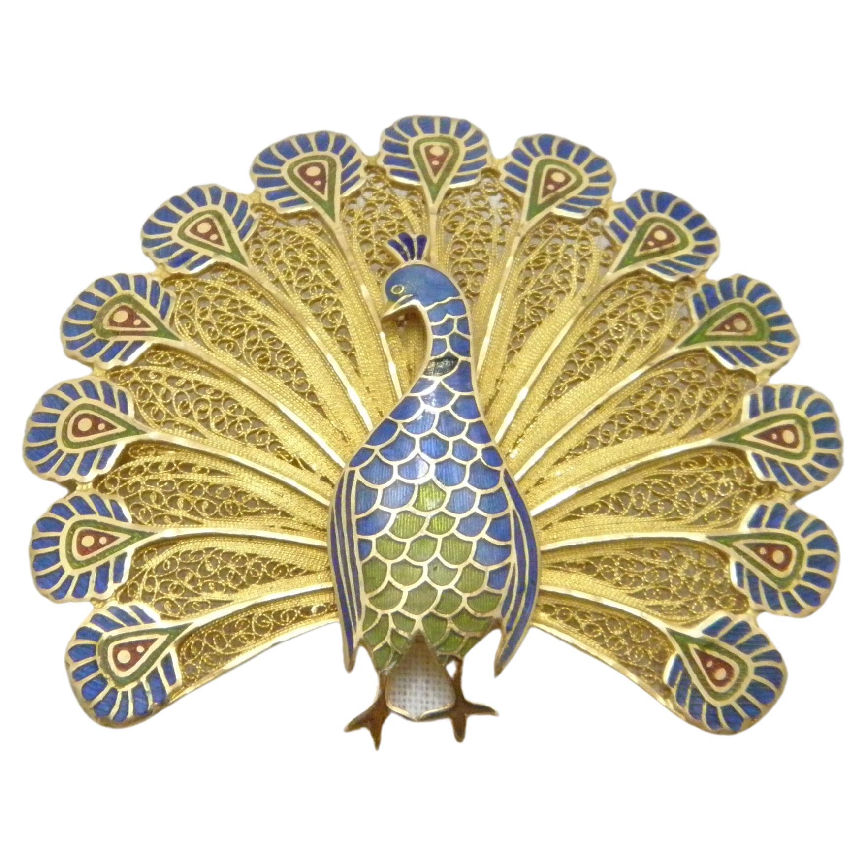 Vintage 14ct Gold Huge Peacock Brooch Pin c1970 Heavy 15.9g 585 Purity Portugal For Sale